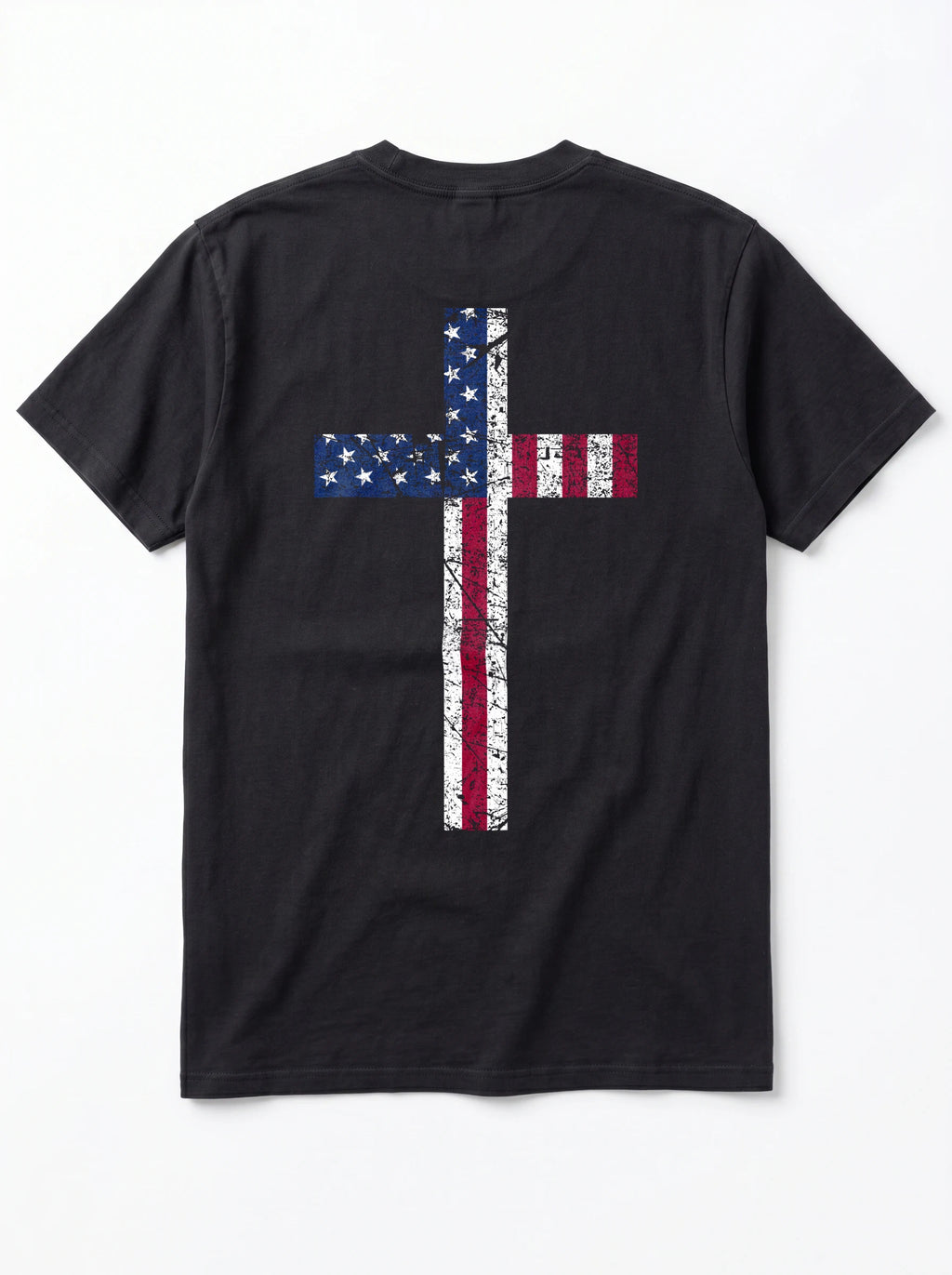 A black short-sleeve t-shirt shown from the back, featuring a large distressed cross graphic filled with the American flag pattern of stars and red and white stripes.
