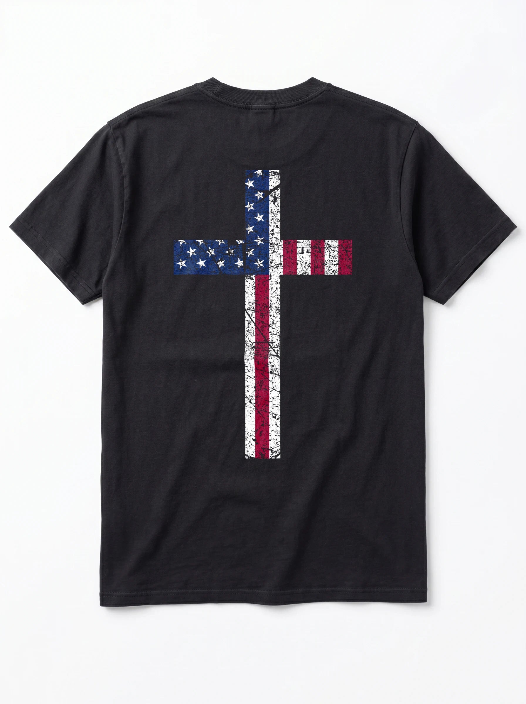 A black short-sleeve t-shirt shown from the back, featuring a large distressed cross graphic filled with the American flag pattern of stars and red and white stripes.
