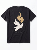 Back of a black T-shirt with a large white dove, gold flames, and “LED BY THE SPIRIT ROMANS 8:14.”