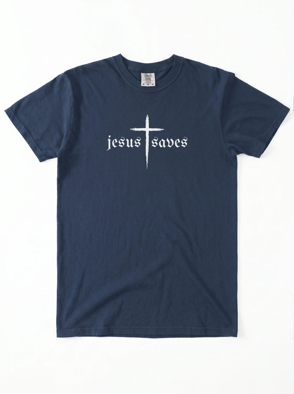 A navy blue short-sleeve t-shirt with a white graphic on the chest featuring a cross and the gothic text 'jesus saves', displayed flat against a white background.
