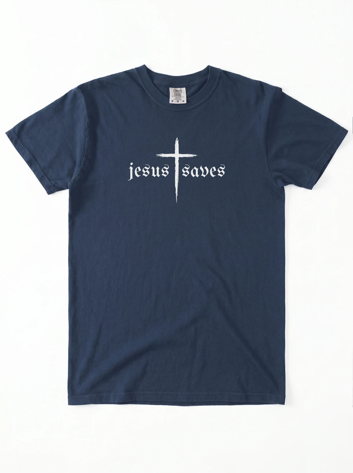 A navy blue short-sleeve t-shirt with a white graphic on the chest featuring a cross and the gothic text 'jesus saves', displayed flat against a white background.