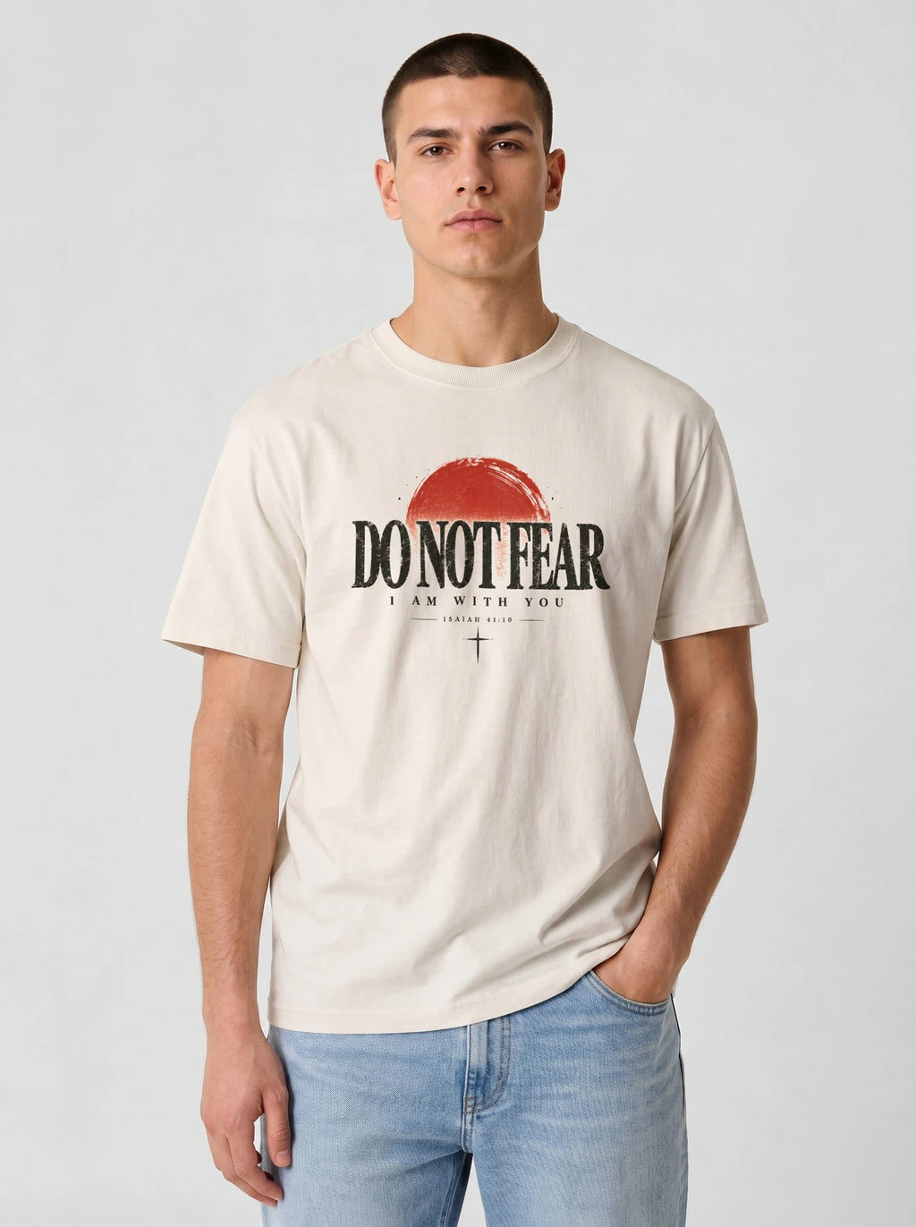 A man wearing a light beige t-shirt with a red and black graphic print that reads 'DO NOT FEAR I AM WITH YOU' and light blue jeans, standing against a light gray studio background.