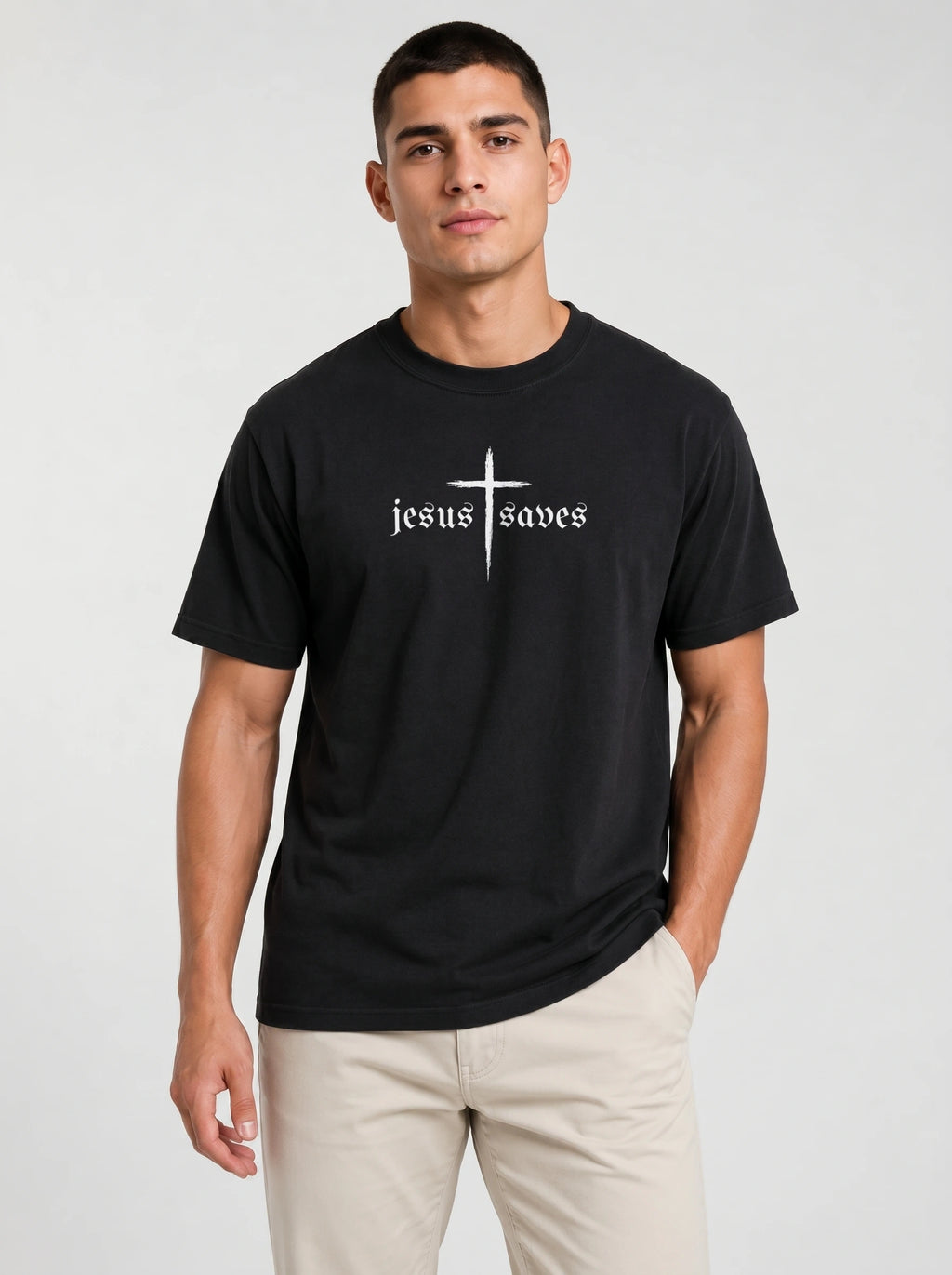 A man wearing a black short-sleeve t-shirt with a white gothic-style graphic that reads 'jesus saves' beneath a cross, paired with light beige pants, against a light gray studio background.