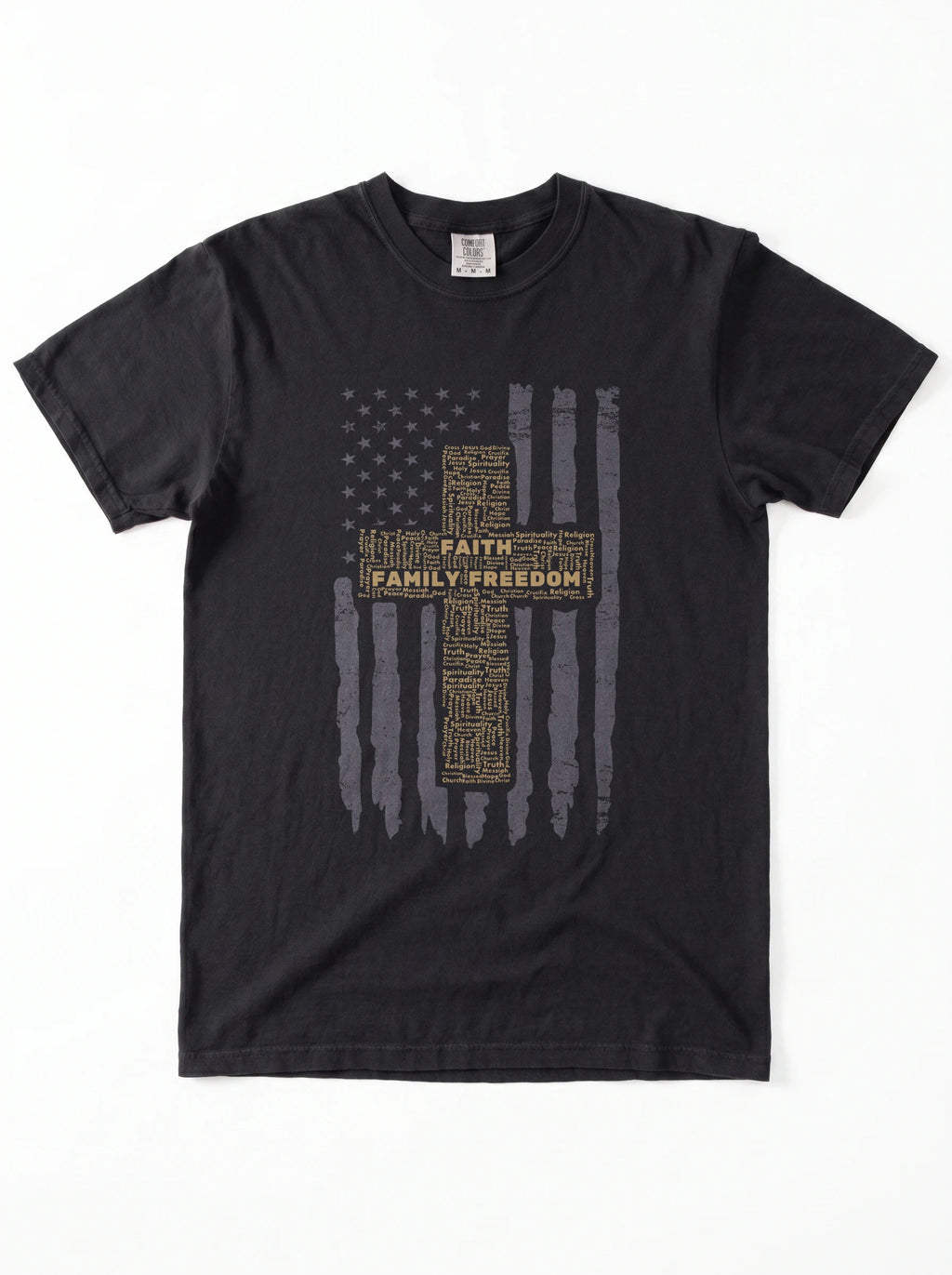 A black short-sleeve crewneck t-shirt featuring a distressed American flag graphic with a central cross made of text reading 'FAITH FAMILY FREEDOM' in gold and gray.