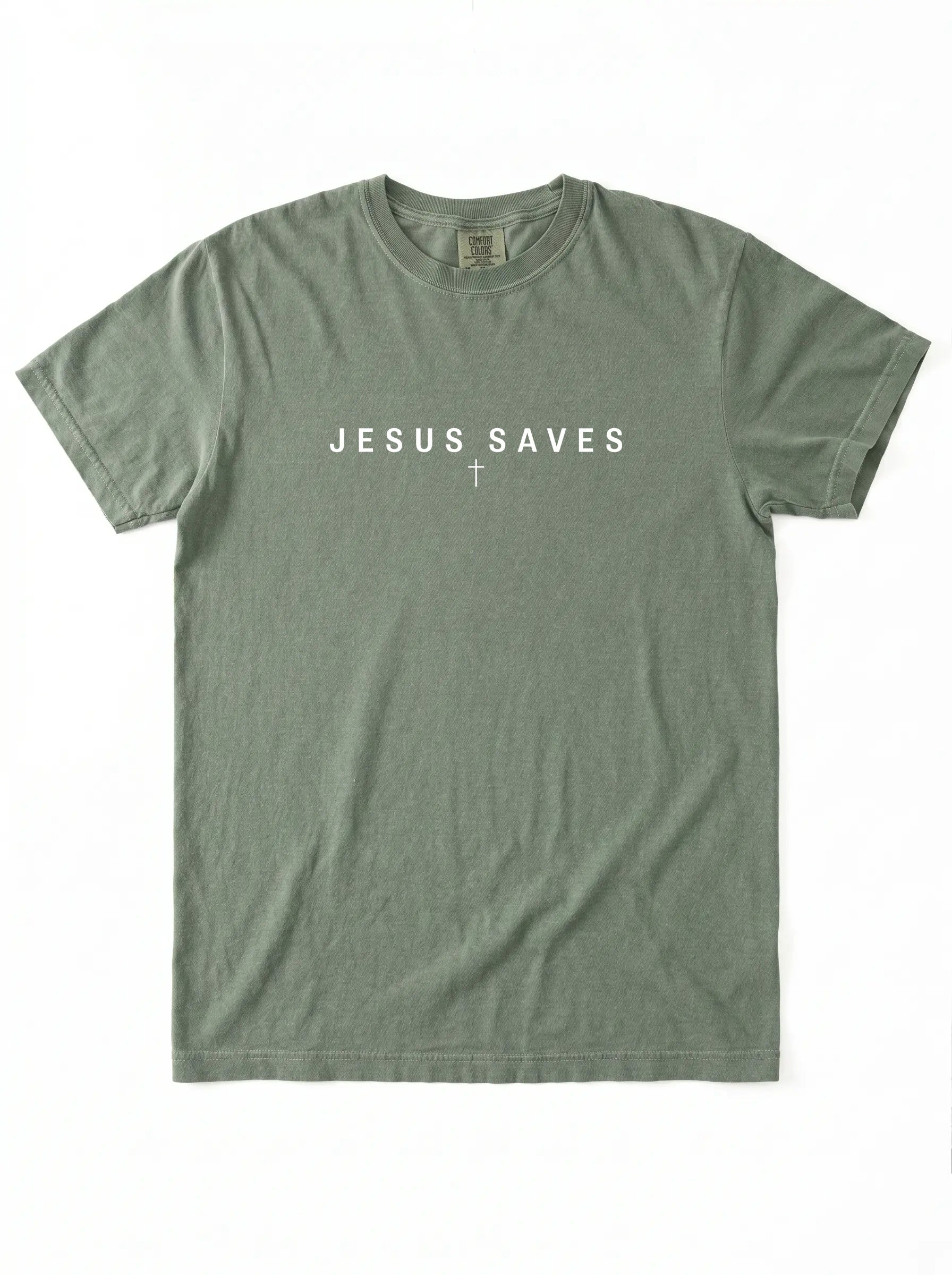 An olive green short-sleeve t-shirt with 'JESUS SAVES' printed in white across the chest, laid flat against a white background.