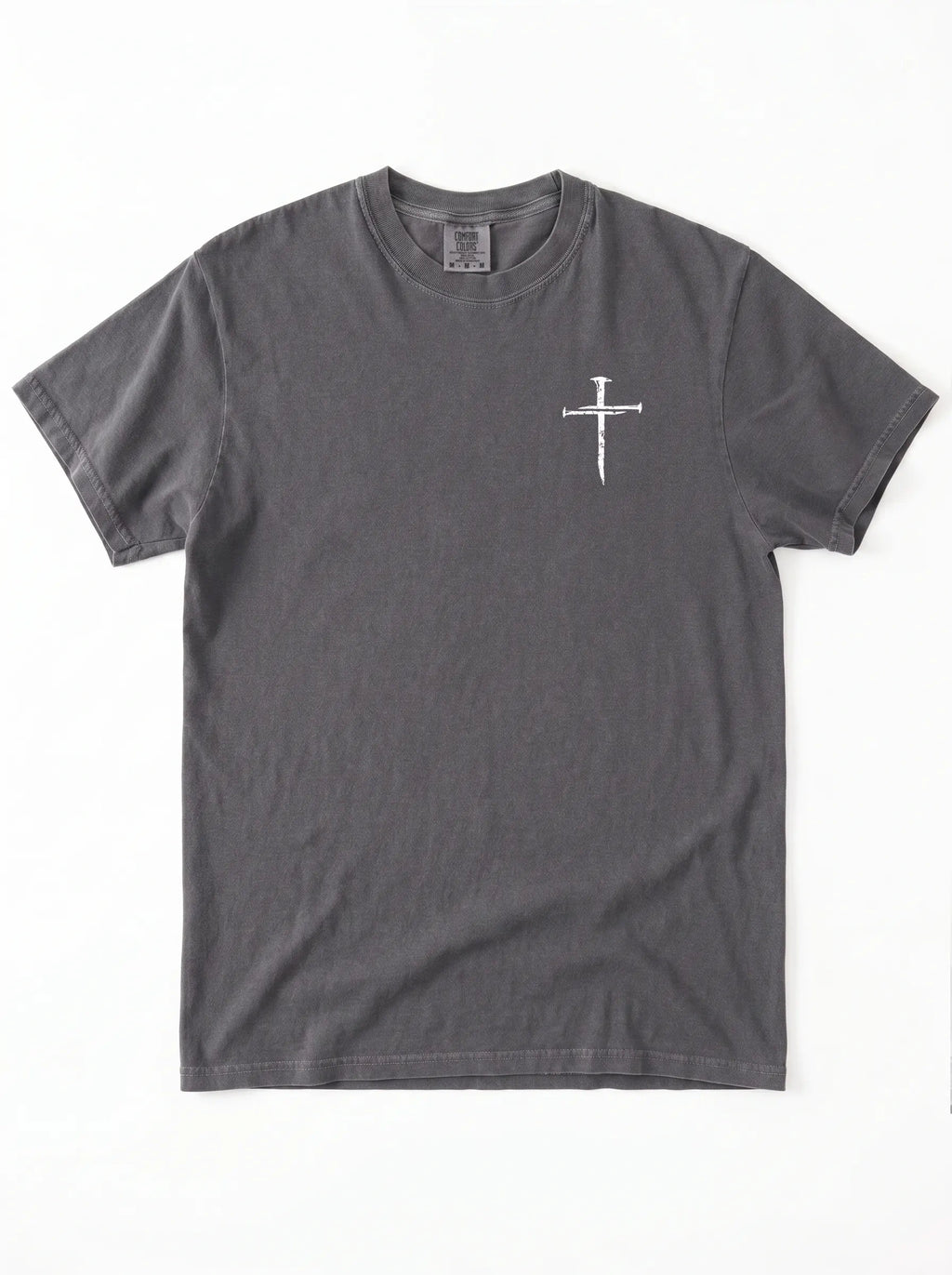 A dark gray crewneck t-shirt with a small cross on the left side of the chest in white, laid flat against a white background.