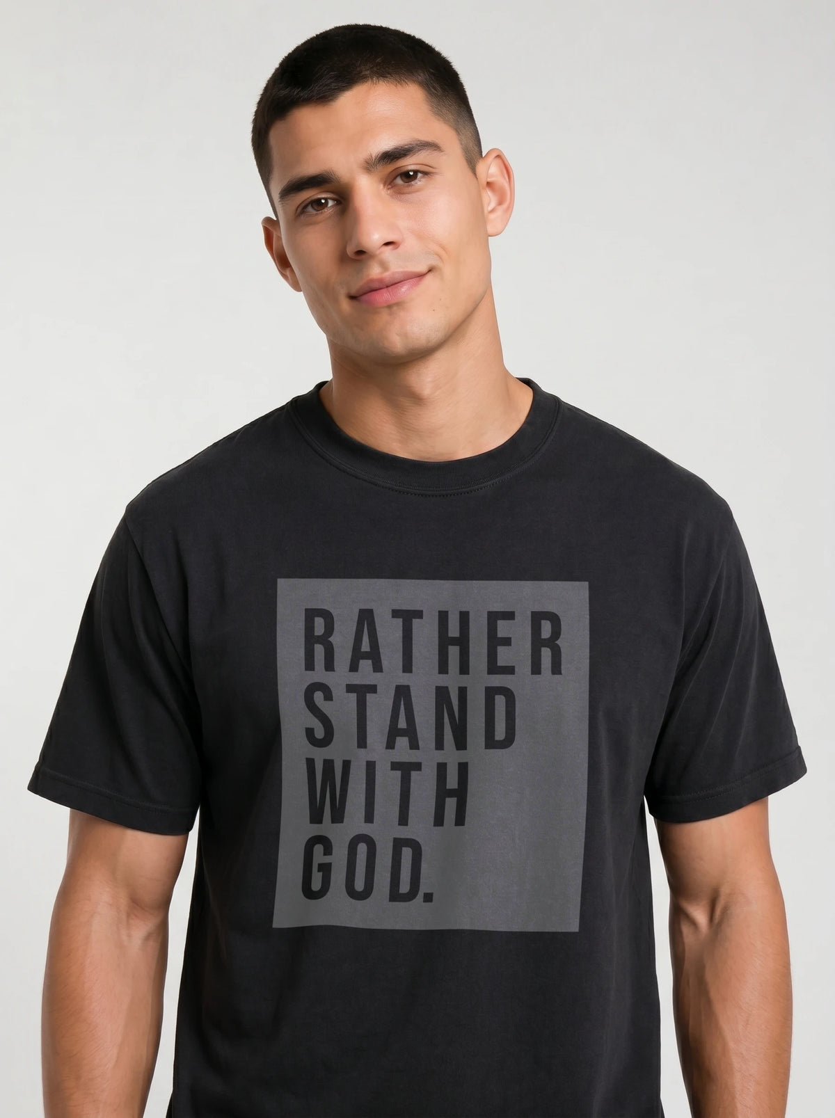Close up of black Comfort Colors t-shirt with Rather Stand With God graphic print