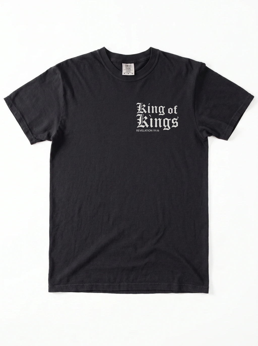 A black short-sleeve crewneck t-shirt with a 'King of Kings' printed in white Gothic lettering on the chest, displayed flat against a white background.