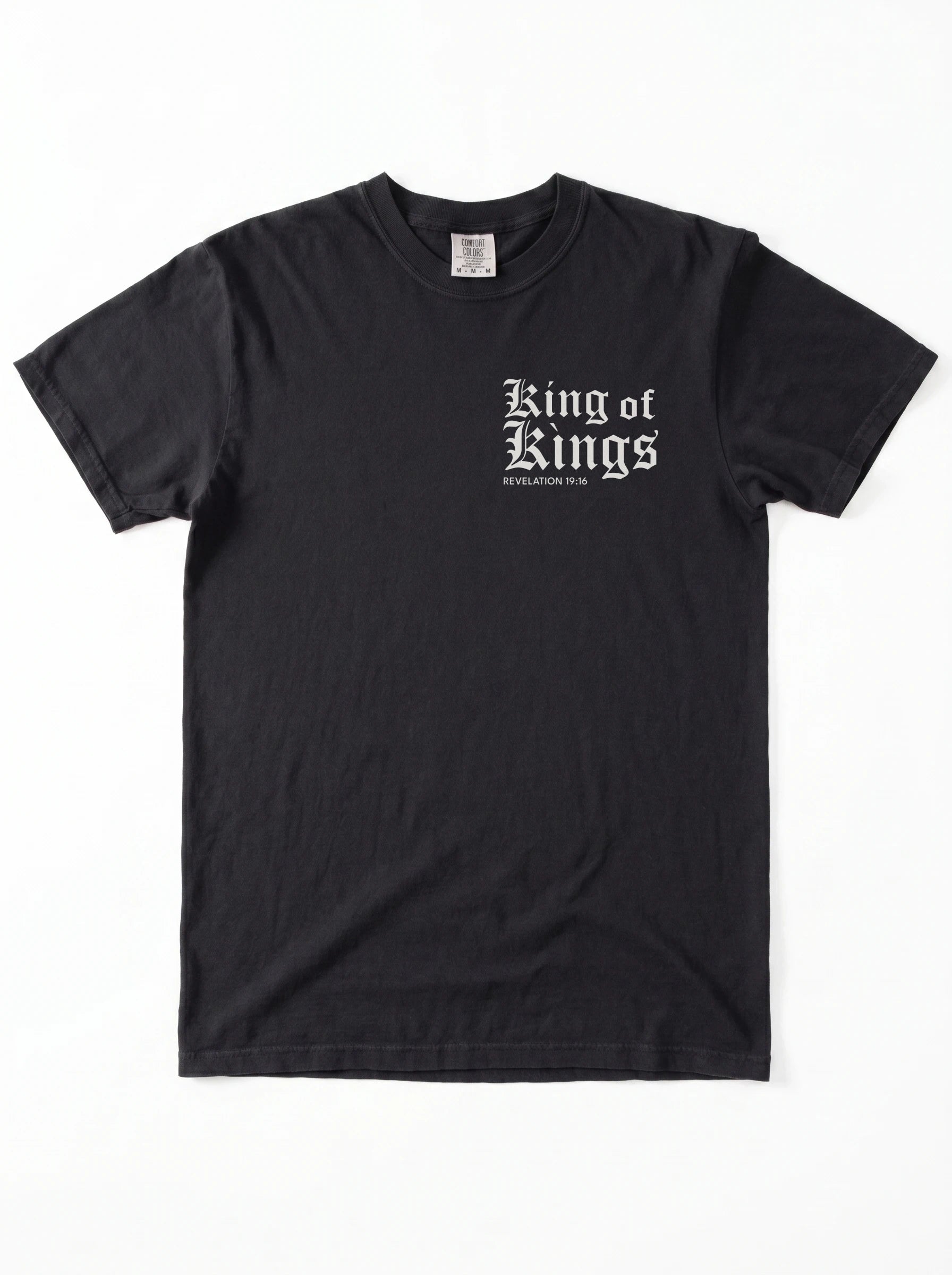 A black short-sleeve crewneck t-shirt with a 'King of Kings' printed in white Gothic lettering on the chest, displayed flat against a white background.