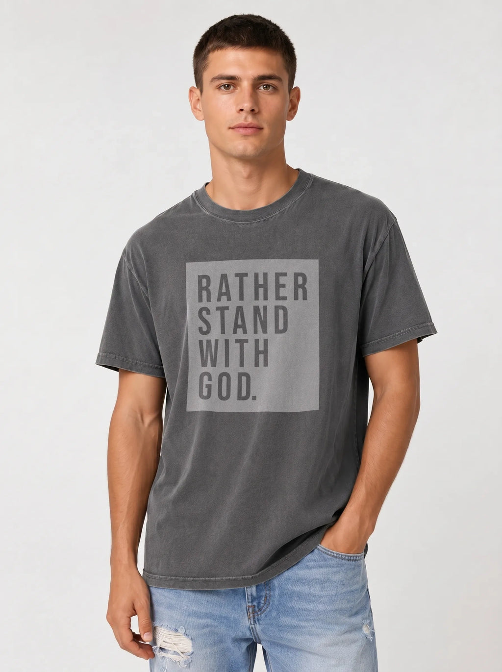 Man wearing pepper grey Comfort Colors t-shirt with Rather Stand With God quote graphic tee