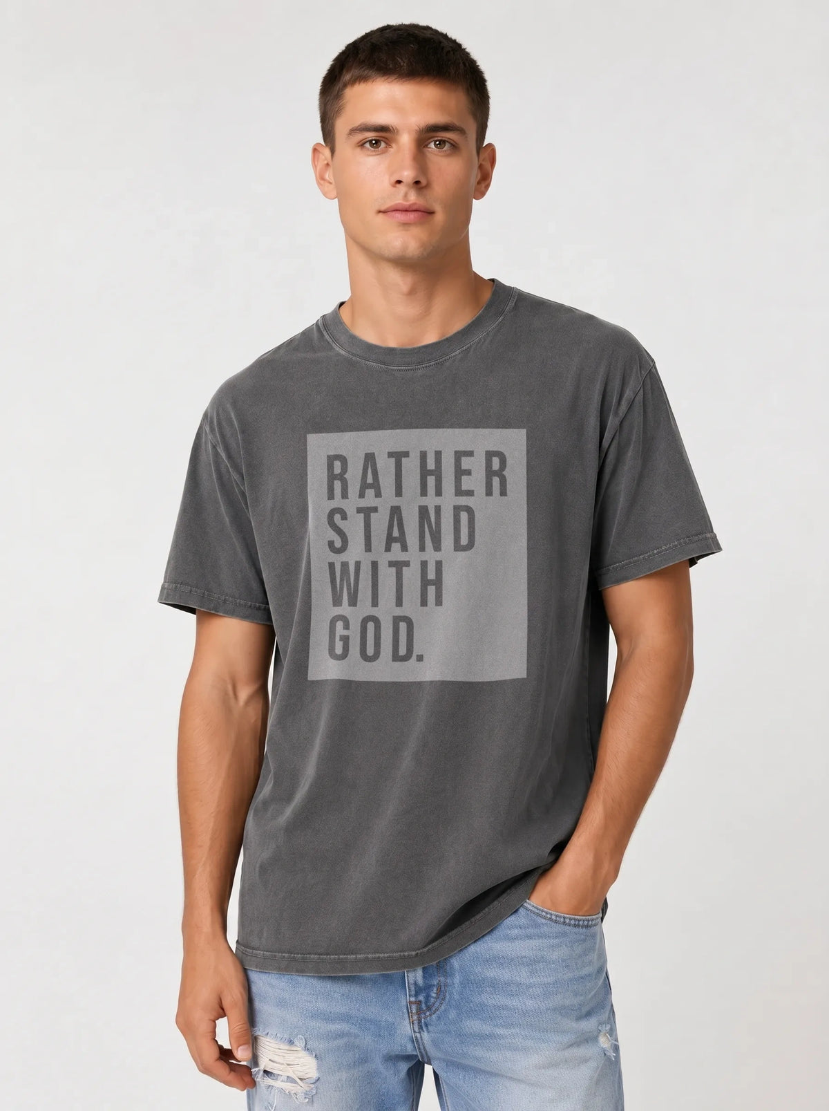 Man wearing pepper grey Comfort Colors t-shirt with Rather Stand With God quote graphic tee