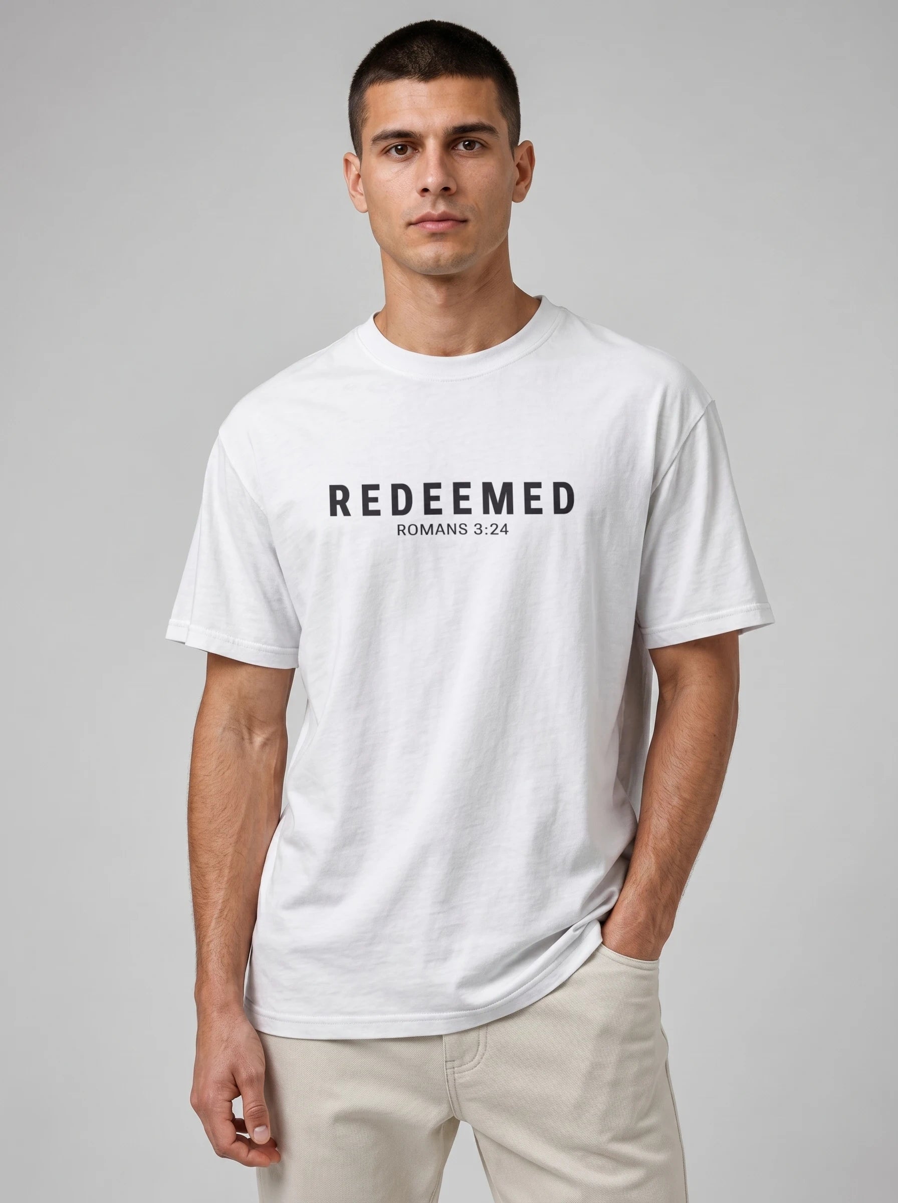 A man wearing a white crewneck t-shirt with the text 'REDEEMED ROMANS 3:24' printed in black across the chest, paired with beige pants, against a solid gray studio background.