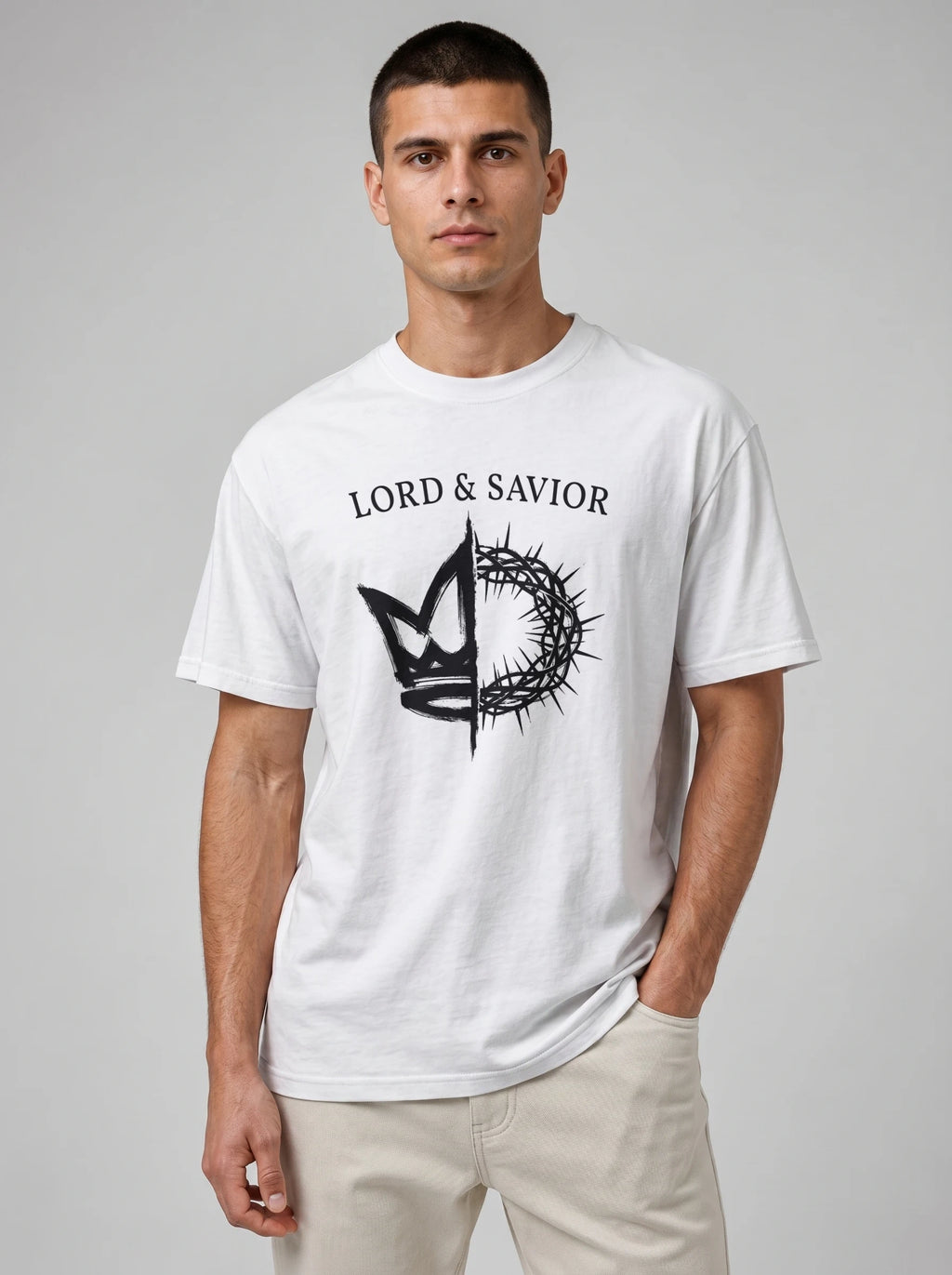 A man wearing a white short-sleeve t-shirt with a black graphic print of a crown of thorns and the text 'LORD & SAVIOR' on the chest, paired with light beige pants, against a neutral gray studio background.