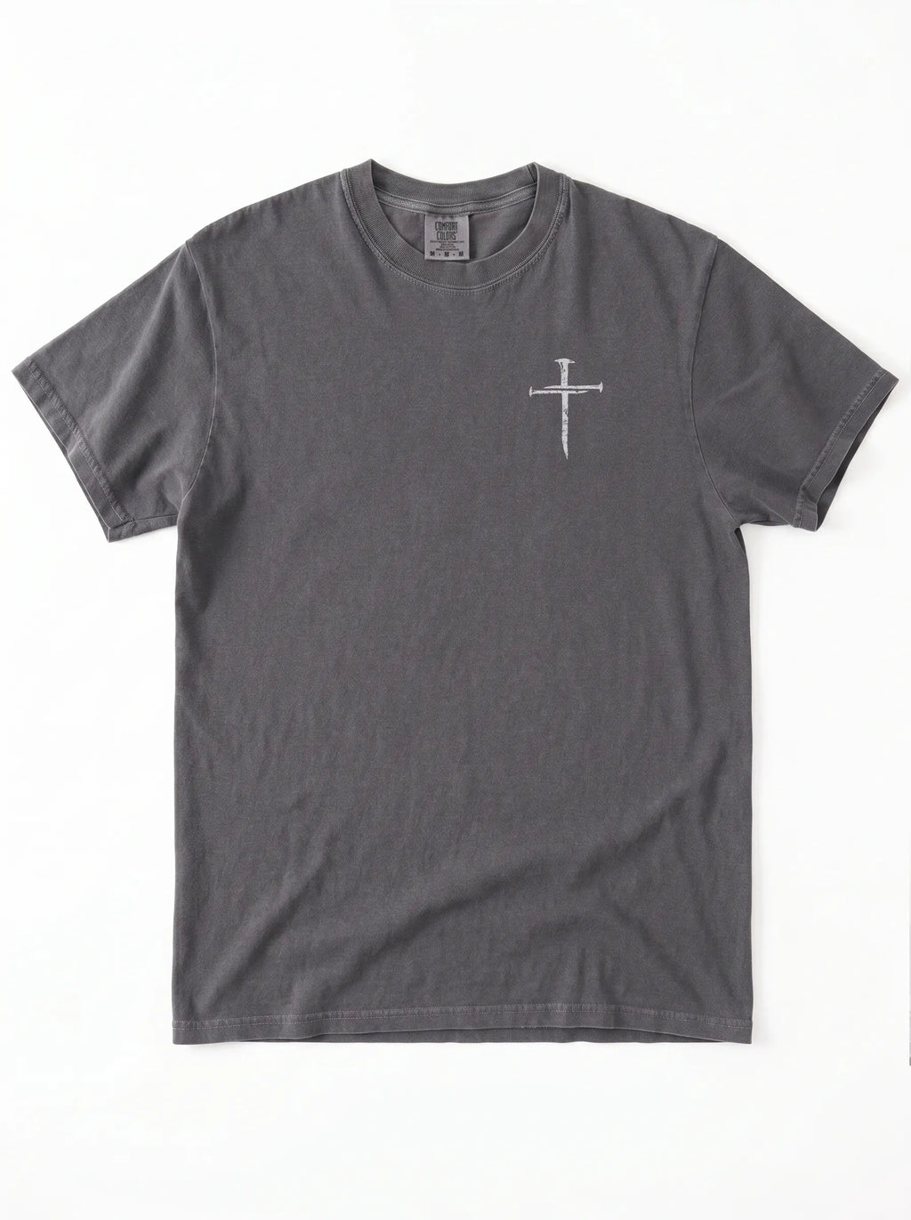 A dark gray crewneck t-shirt with with a small cross printed on the chest, laid flat against a white background.