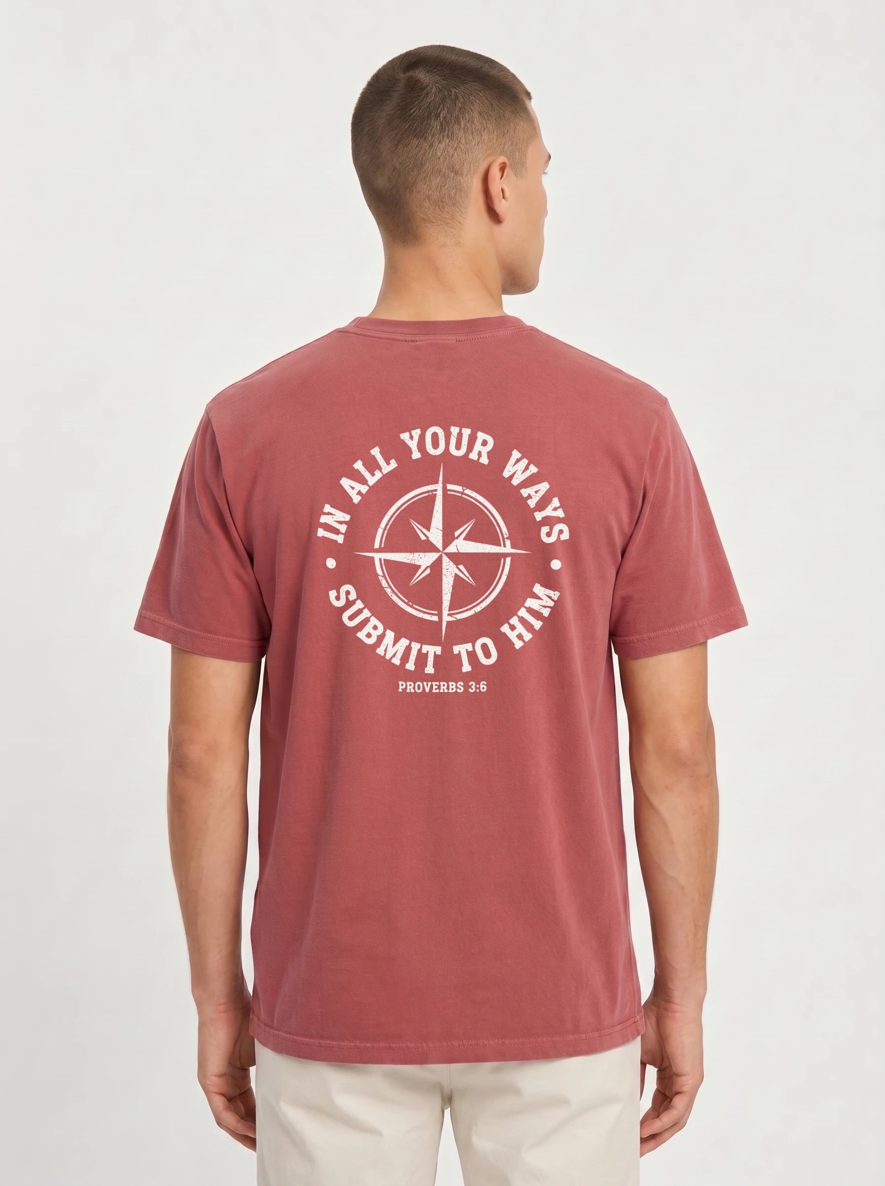 A man viewed from the back wearing a dusty rose short-sleeve t-shirt with a white graphic print on the back that reads 'IN ALL YOUR WAYS SUBMIT TO HIM PROVERBS 3:6' around a compass design, paired with off-white pants, against a light gray studio background.