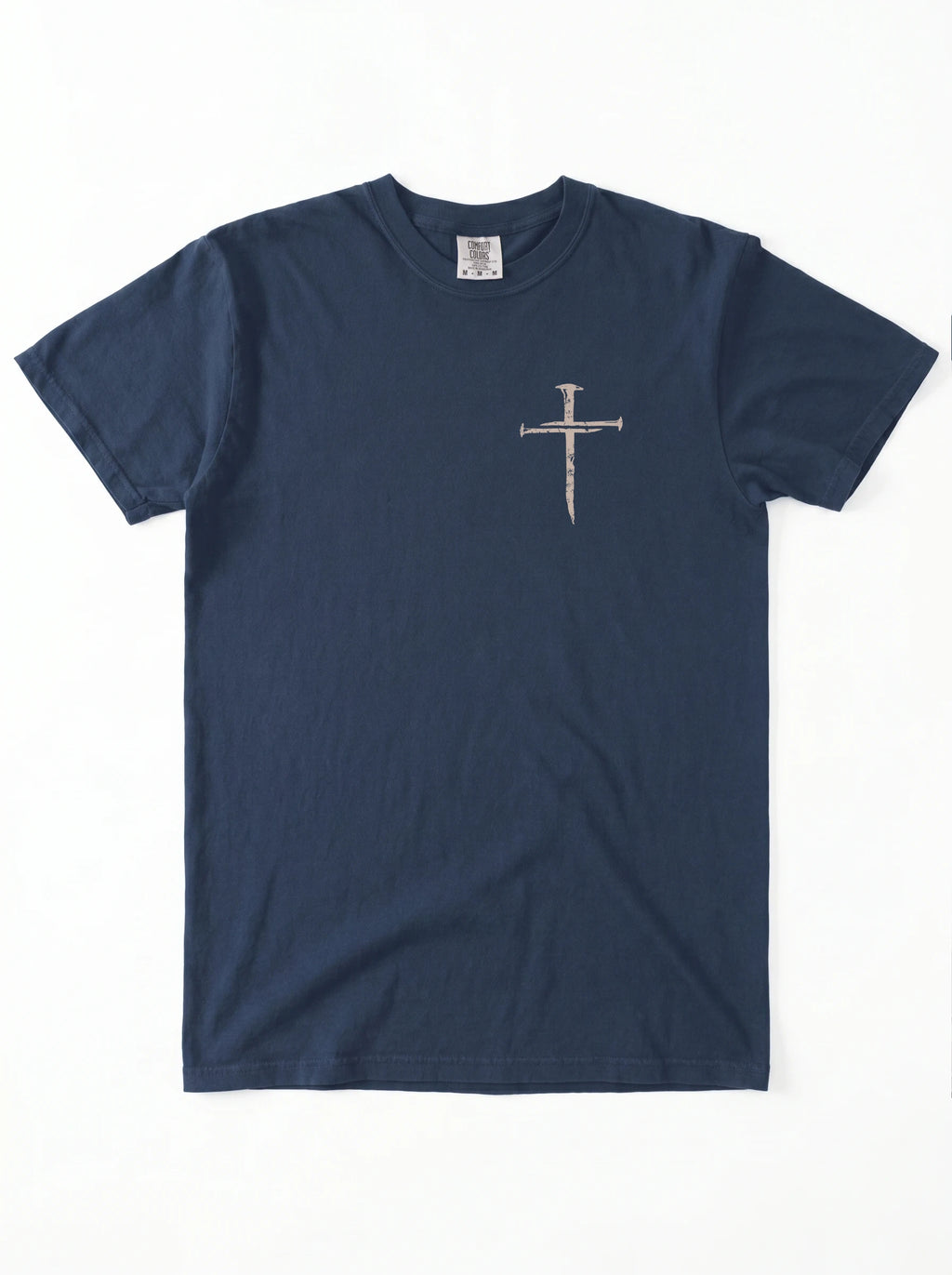 A navy blue short-sleeve crewneck t-shirt with a small, distressed cross graphic on the left chest, laid flat against a white background.