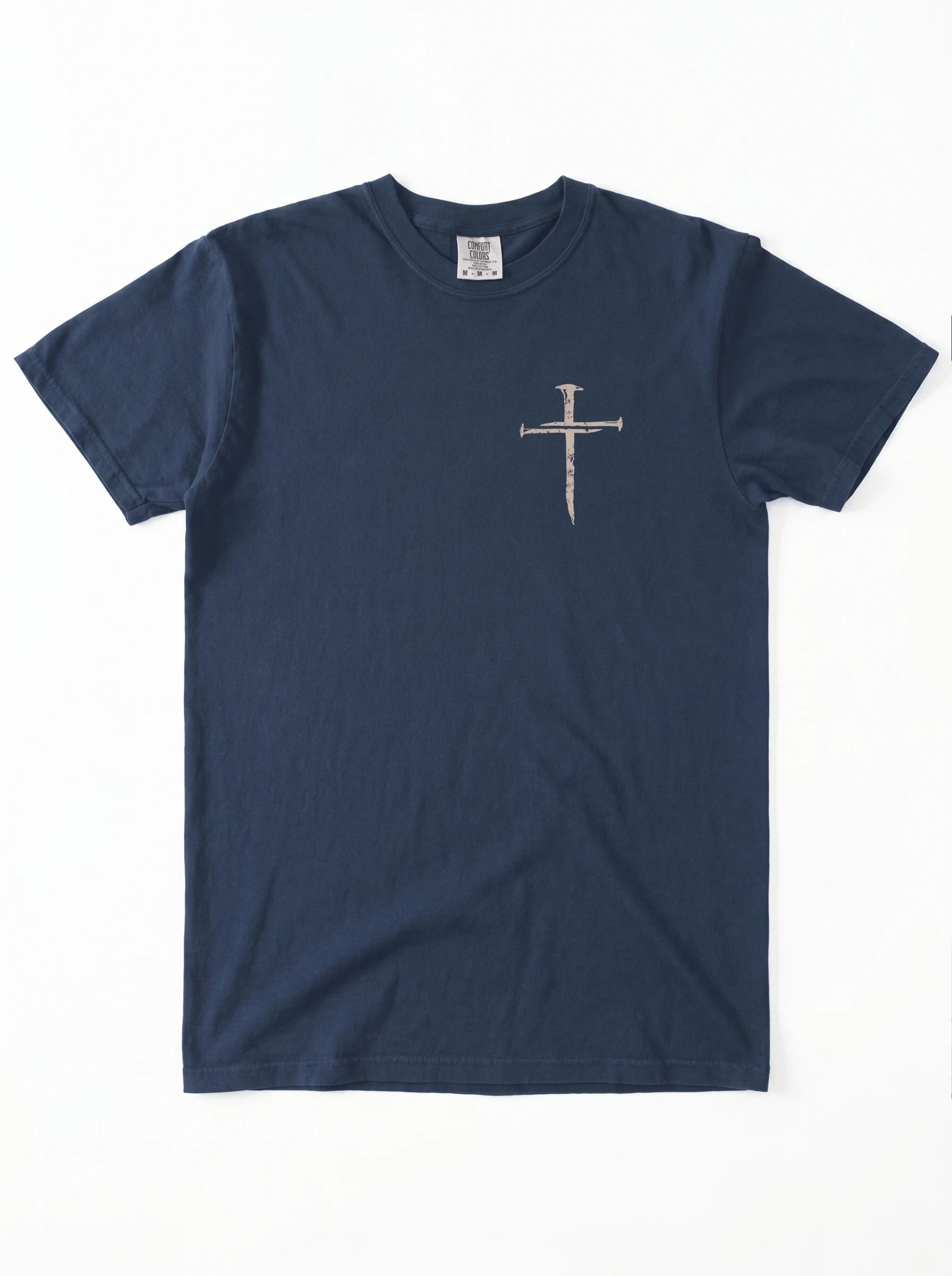 A navy blue short-sleeve crewneck t-shirt with a small, distressed cross graphic on the left chest, laid flat against a white background.