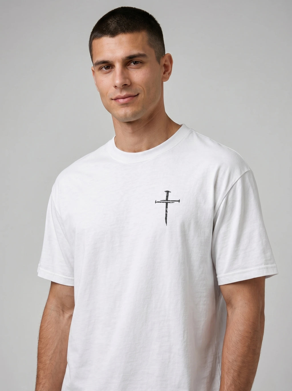 A man wearing a white crew-neck t-shirt with a small black nail-style cross printed on the left chest, photographed against a neutral gray studio background.