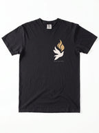 Black T-shirt laid flat with a small white dove, gold flames, and “LED BY THE SPIRIT” on the chest.