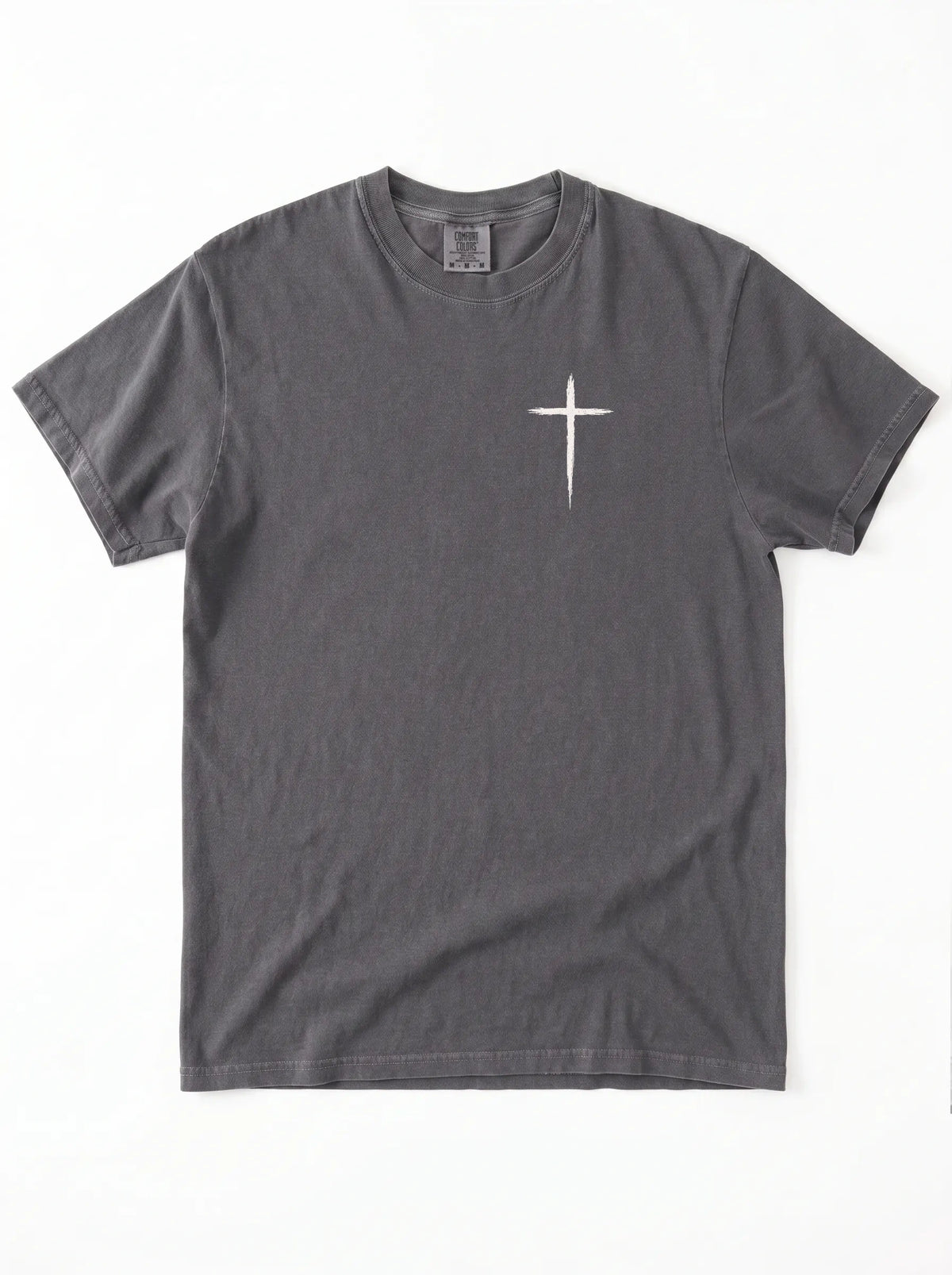 Gray T-shirt laid flat with a small white cross printed on the chest.
