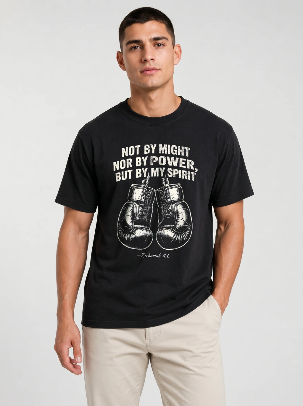 A man wearing a black short-sleeve t-shirt with a white graphic print featuring the quote 'NOT BY MIGHT NOR BY POWER, BUT BY MY SPIRIT' and a pair of boxing gloves, paired with beige pants, against a light gray background.