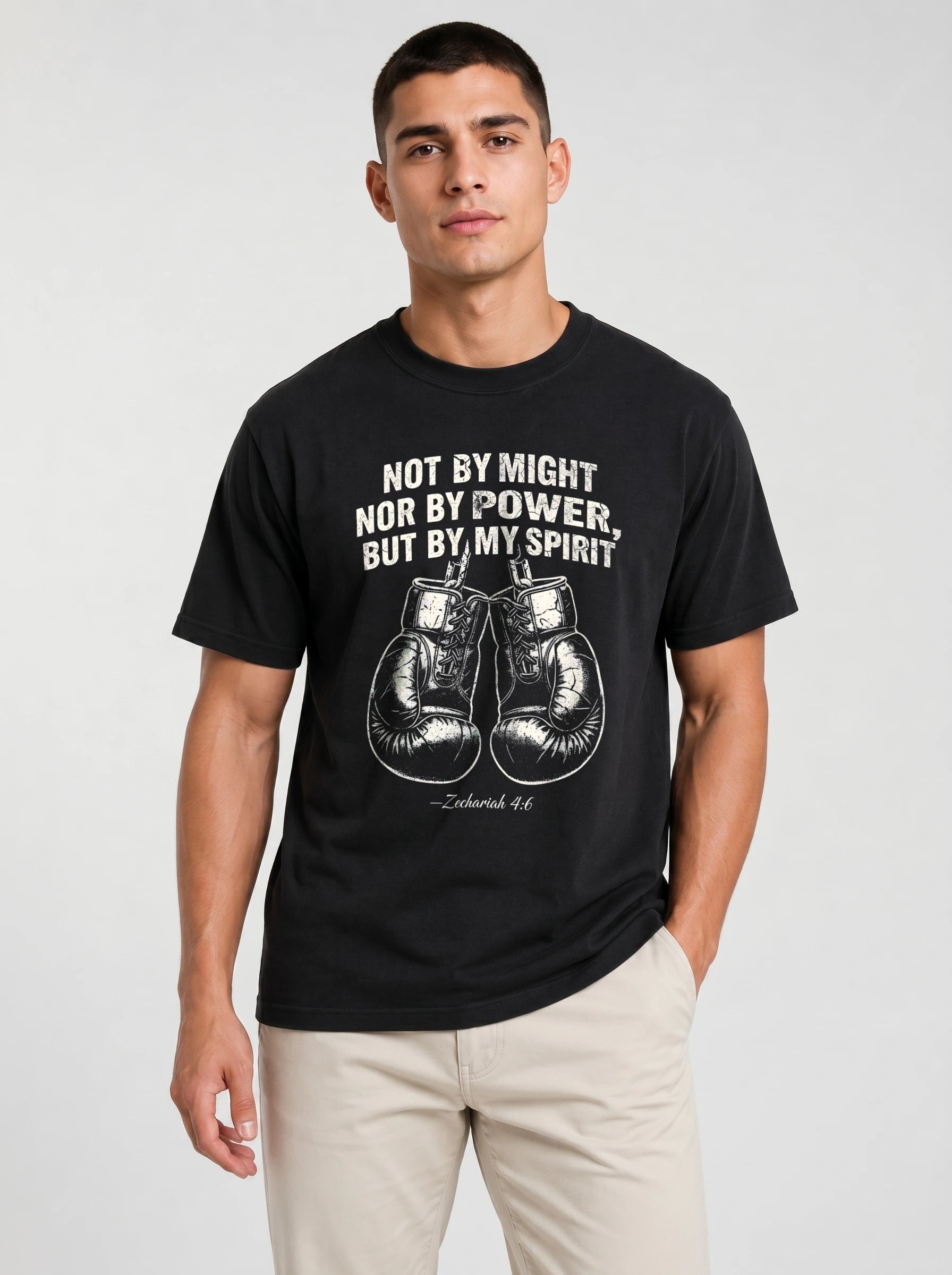 A man wearing a black short-sleeve t-shirt with a white graphic print featuring the quote 'NOT BY MIGHT NOR BY POWER, BUT BY MY SPIRIT' and a pair of boxing gloves, paired with beige pants, against a light gray background.
