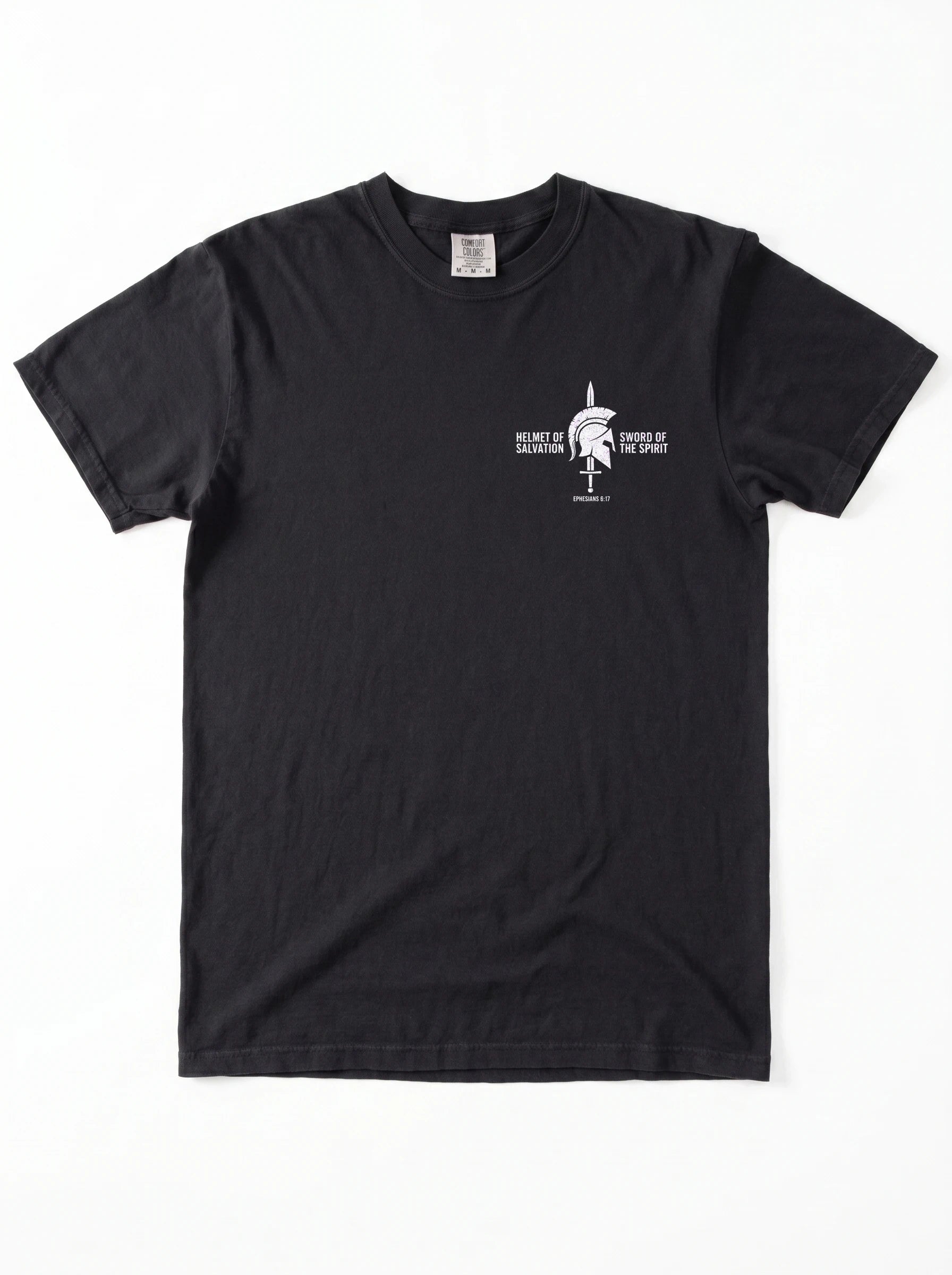 A black short-sleeve crewneck t-shirt with graphic print of a Spartan helmet and sword with the text 'HELMET OF SALVATION' and 'SWORD OF THE SPIRIT', displayed flat against a white background.