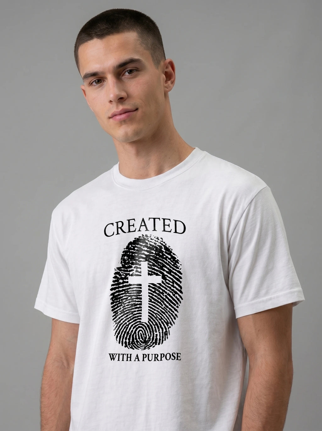 A man wearing a white crewneck t-shirt with a black graphic print that reads 'CREATED WITH A PURPOSE' surrounding a fingerprint design with a cross in the center, set against a plain gray studio background.