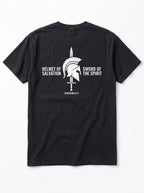 A black short-sleeve t-shirt shown from the back, featuring a white graphic of a Spartan helmet and sword with the text 'HELMET OF SALVATION' and 'SWORD OF THE SPIRIT' and 'EPHESIANS 6:17' printed below.
