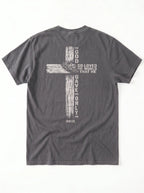 A dark gray heather t-shirt shown from the back, featuring a distressed white graphic of a cross with 'GOD SO LOVED THE WORLD THAT HE GAVE ONLY ME' text.
