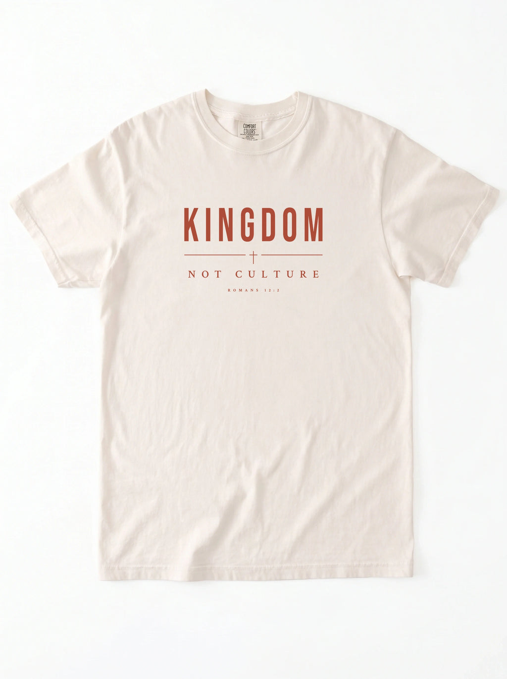 An off-white short-sleeve crewneck t-shirt with a red graphic print on the chest reading 'KINGDOM NOT CULTURE', displayed flat against a white background.