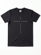 A black short-sleeve crewneck t-shirt with 'JESUS SAVES' across a vertical cross design printed in white text across the chest, displayed flat against a white background.