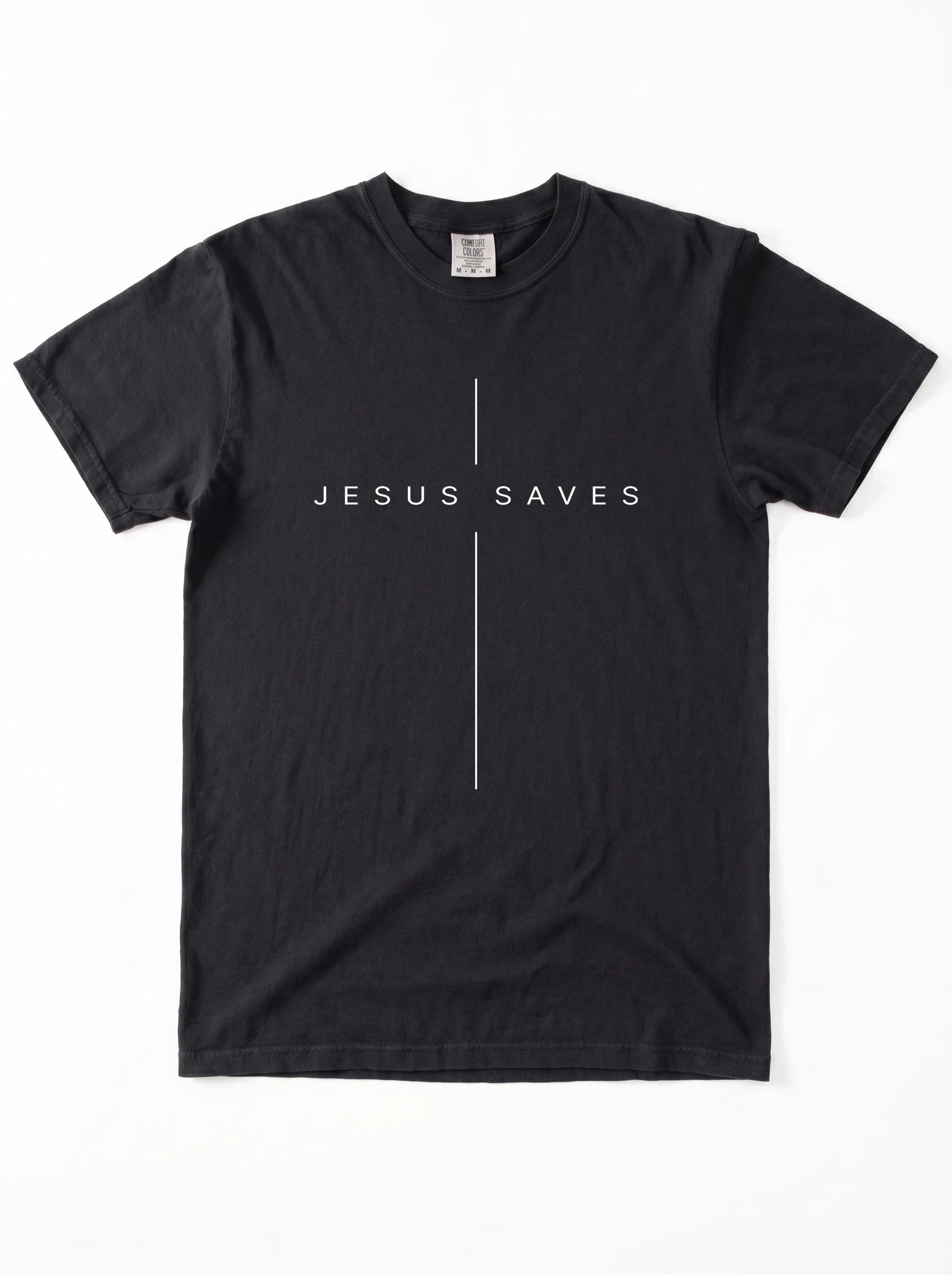A black short-sleeve crewneck t-shirt with 'JESUS SAVES' across a vertical cross design printed in white text across the chest, displayed flat against a white background.