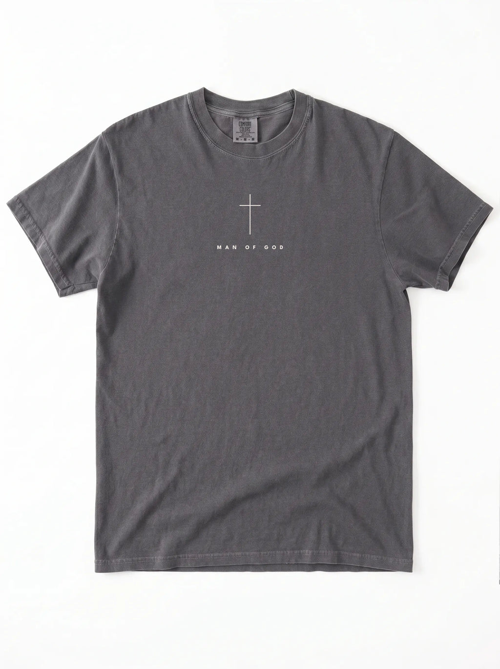 A dark gray crewneck t-shirt with the text 'MAN OF GOD' printed in white across the chest, displayed flat against a white background.