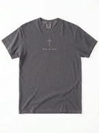 A dark gray crewneck t-shirt with the text 'MAN OF GOD' printed in white across the chest, displayed flat against a white background.