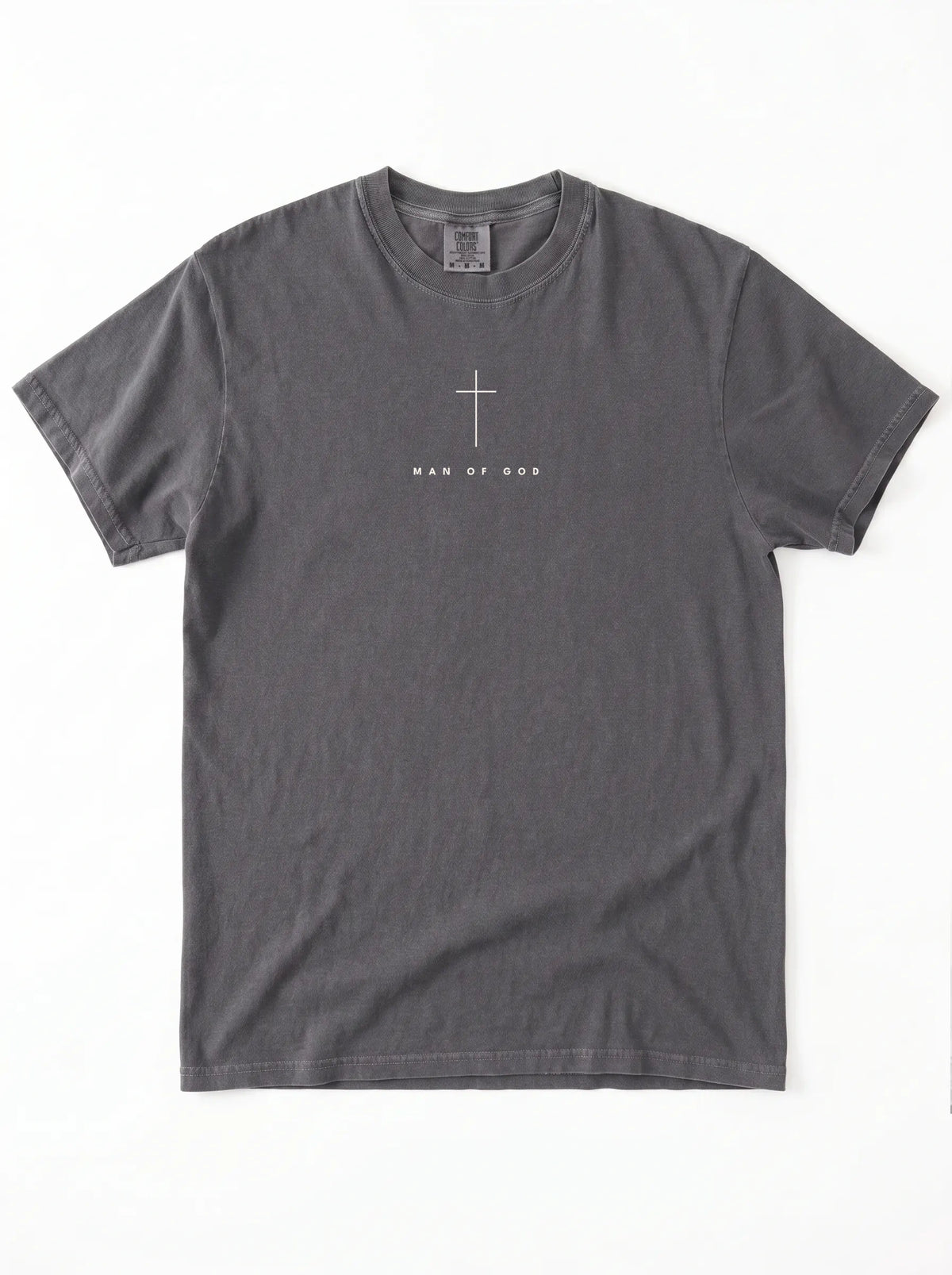 A dark gray crewneck t-shirt with the text 'MAN OF GOD' printed in white across the chest, displayed flat against a white background.