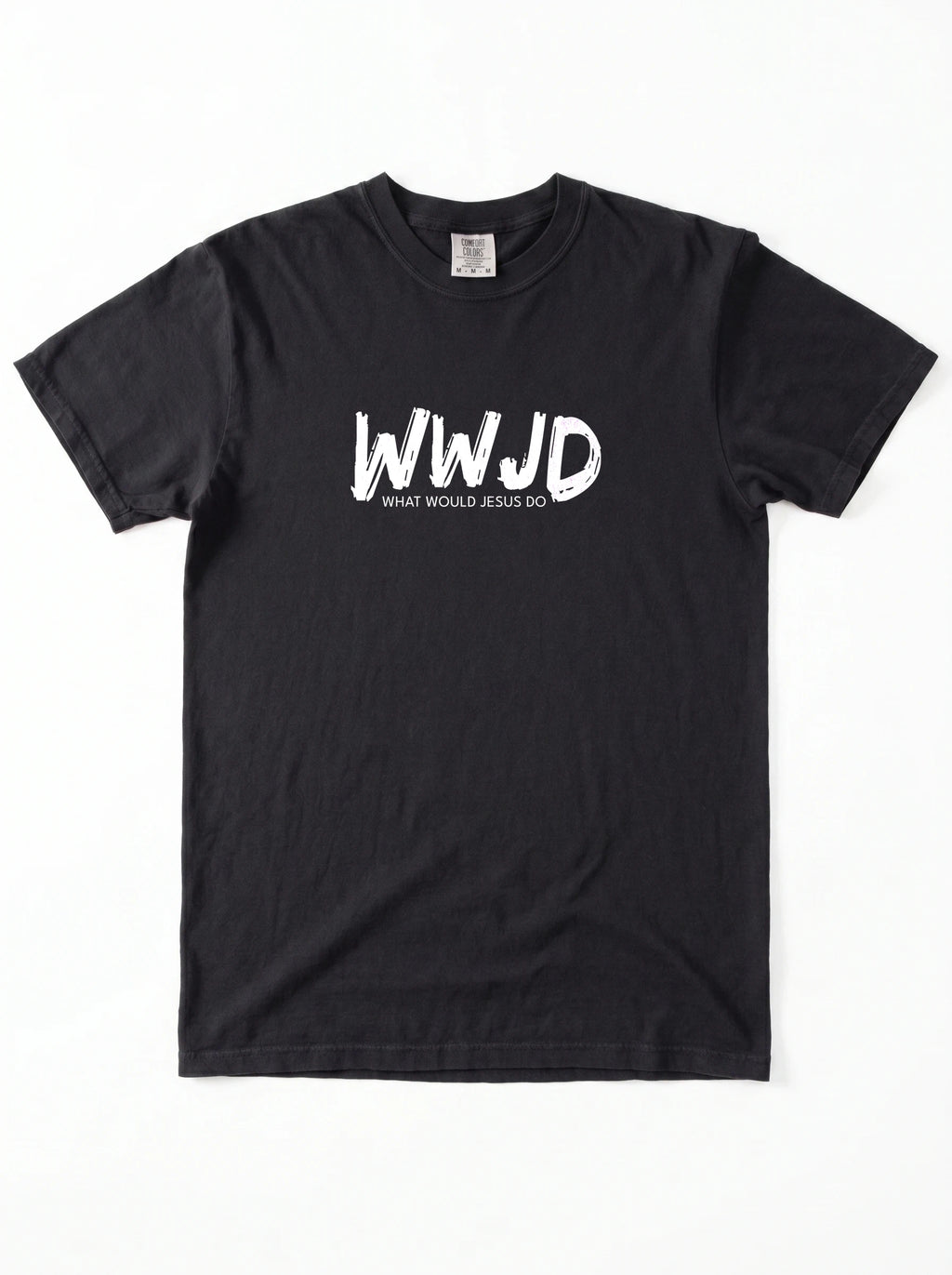 A black short-sleeve crewneck t-shirt with a white graphic print on the chest reading 'WWJD' and 'WHAT WOULD JESUS DO' underneath, displayed flat against a white background.