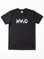 A black short-sleeve crewneck t-shirt with a white graphic print on the chest reading 'WWJD' and 'WHAT WOULD JESUS DO' underneath, displayed flat against a white background.