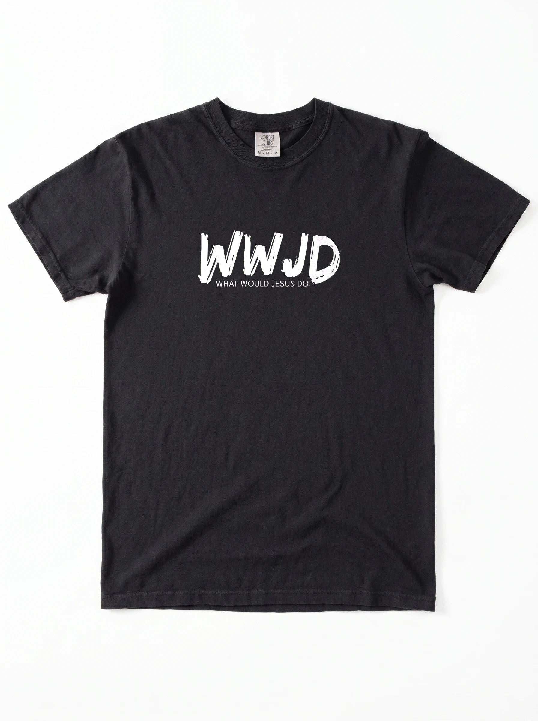 A black short-sleeve crewneck t-shirt with a white graphic print on the chest reading 'WWJD' and 'WHAT WOULD JESUS DO' underneath, displayed flat against a white background.