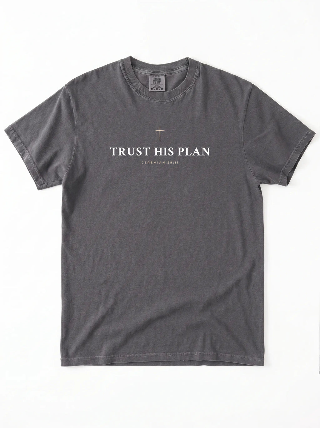 Flat lay of dark gray Trust His Plan Jeremiah 29:11 Comfort Colors t-shirt with cross design