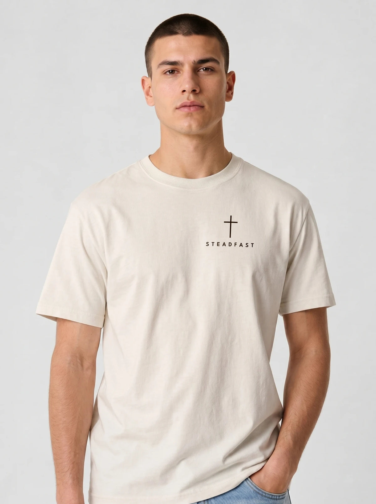 Person wearing a cream T-shirt with a black cross and “STEADFAST” printed on the chest.