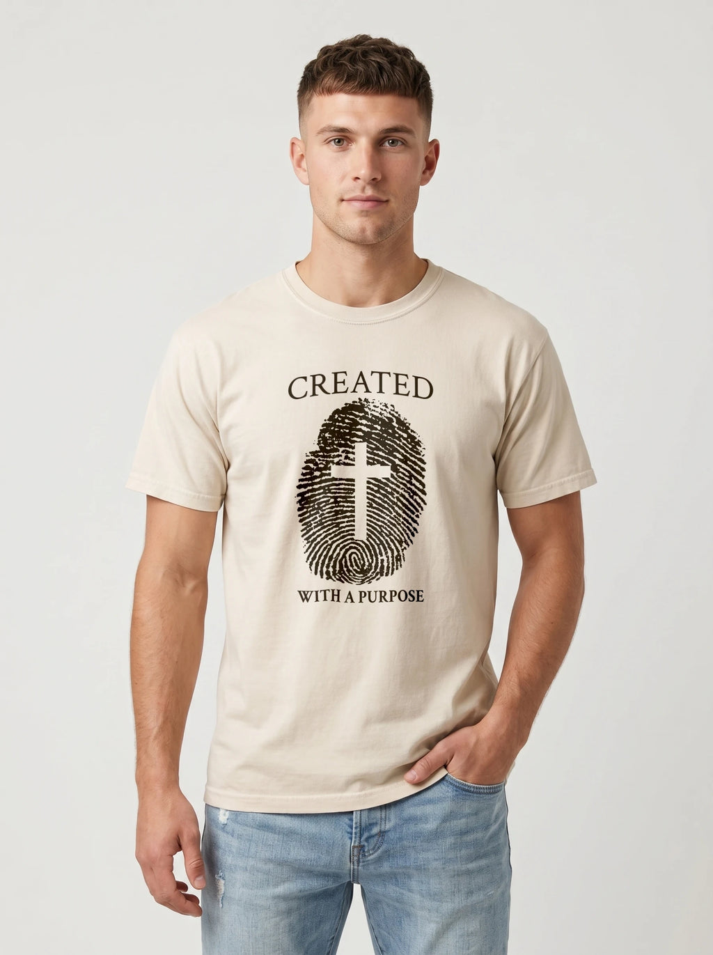 A man wearing a light beige crewneck t-shirt with a black graphic print of a fingerprint containing a cross and the words 'CREATED WITH A PURPOSE'.