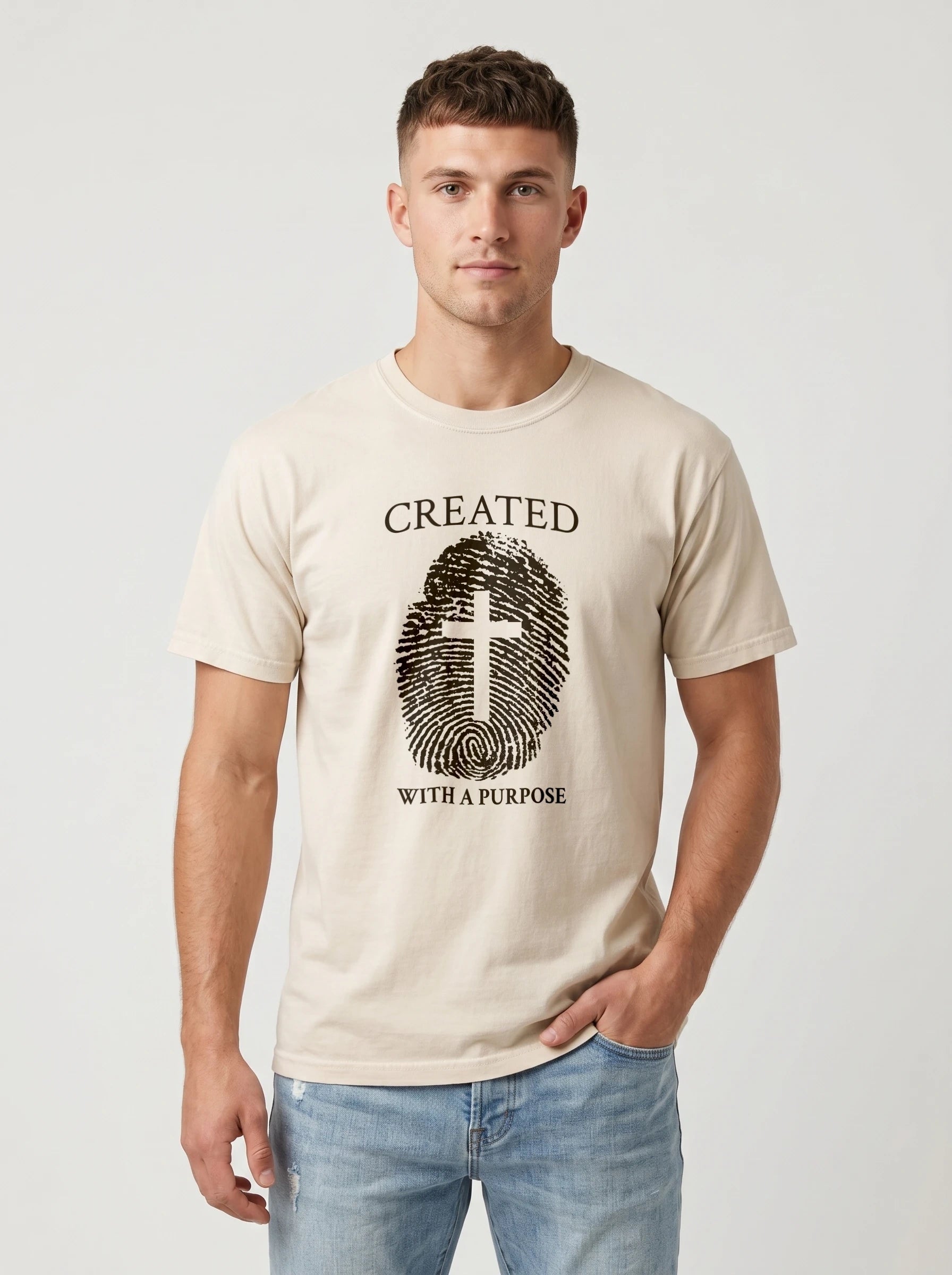 A man wearing a light beige crewneck t-shirt with a black graphic print of a fingerprint containing a cross and the words 'CREATED WITH A PURPOSE'.