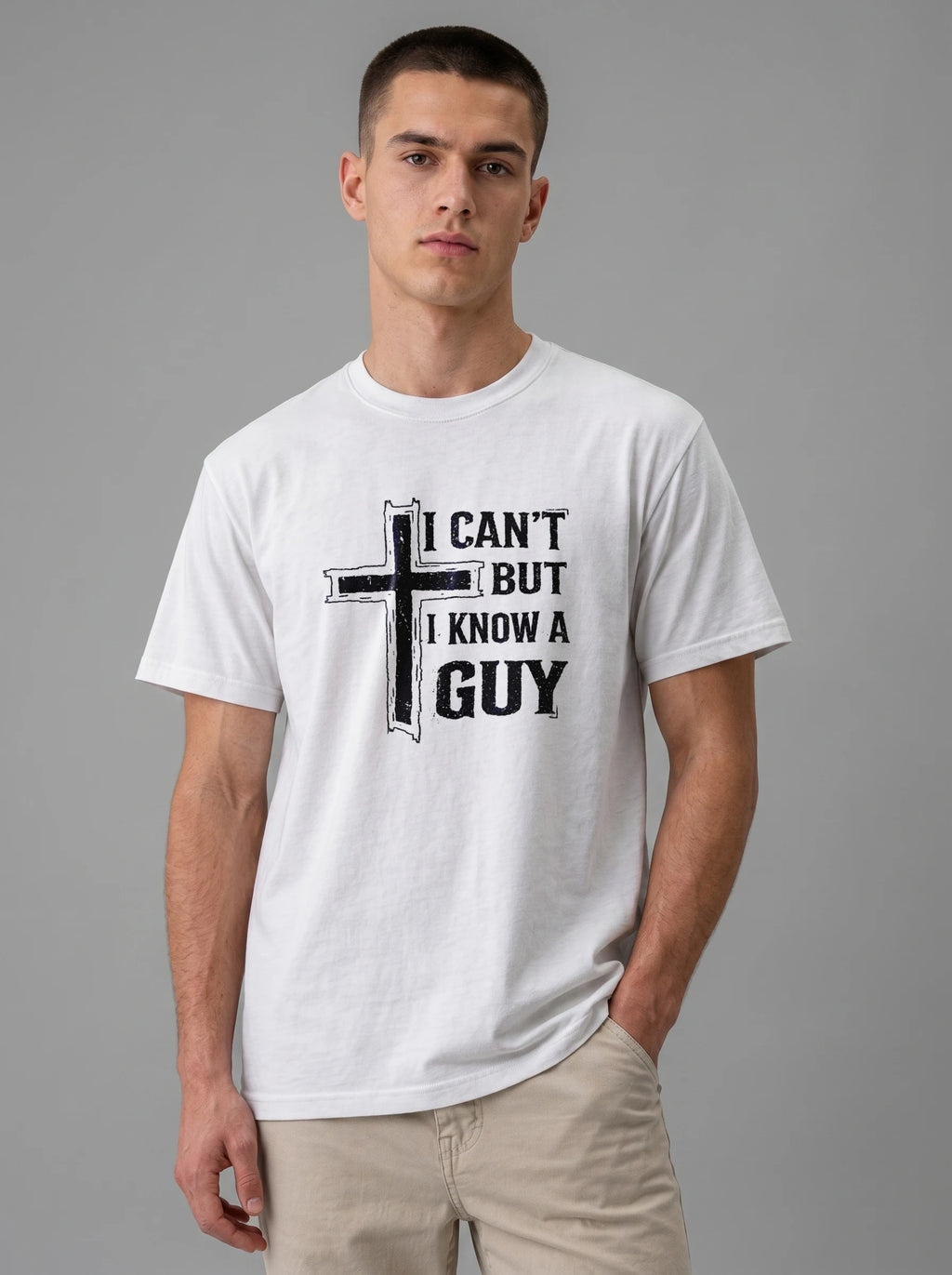 A man wearing a white crewneck t-shirt with a black graphic print that reads 'I CAN'T BUT I KNOW A GUY' alongside a cross design, paired with khaki pants, against a solid gray studio background.