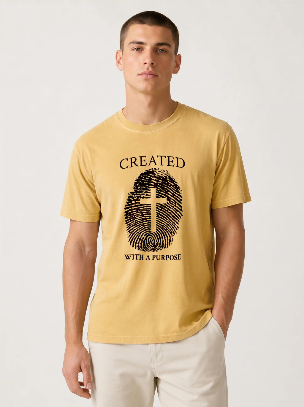A man wearing a mustard yellow t-shirt with a black graphic print of a fingerprint, a cross, and the text 'CREATED WITH A PURPOSE'.