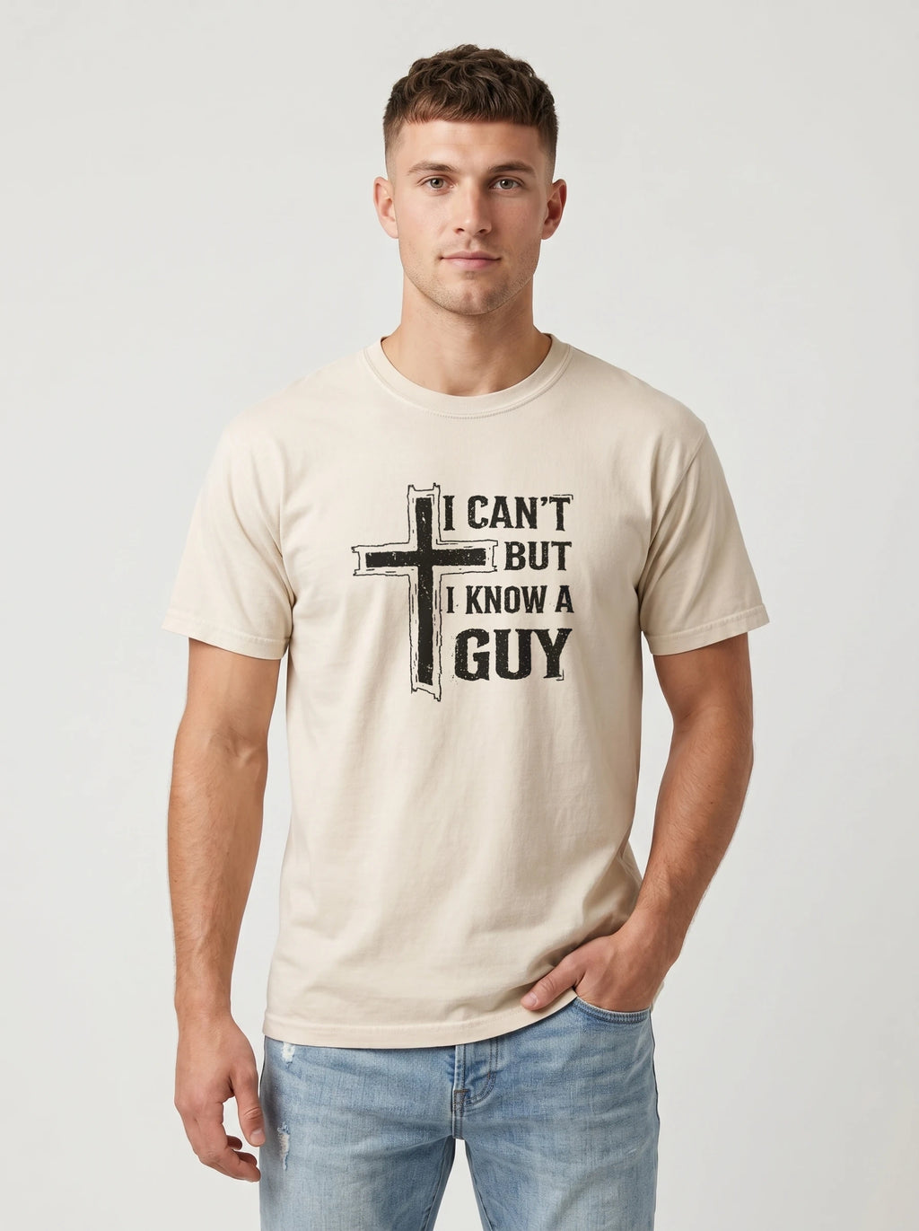 A man wearing a beige crewneck t-shirt with a black graphic print that reads 'I CAN'T BUT I KNOW A GUY' next to a cross, paired with light blue jeans, against a light gray studio background.