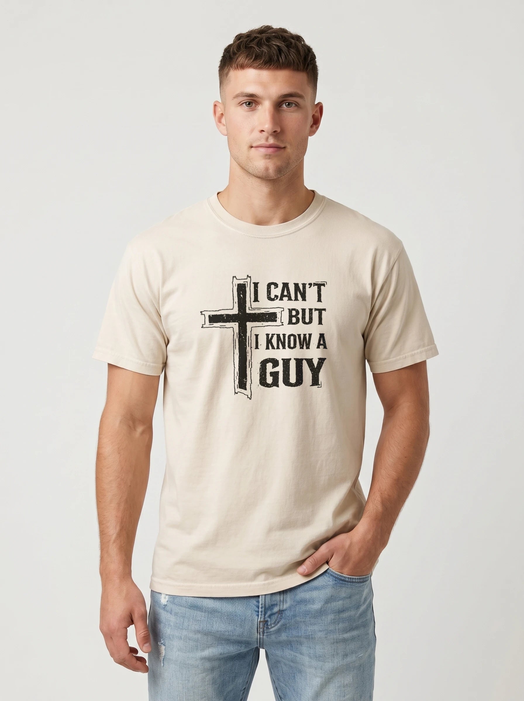 A man wearing a beige crewneck t-shirt with a black graphic print that reads 'I CAN'T BUT I KNOW A GUY' next to a cross, paired with light blue jeans, against a light gray studio background.