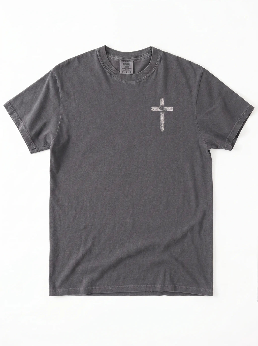 A dark gray short-sleeve crewneck t-shirt with a small white cross graphic printed on the left chest, displayed flat against a white background.