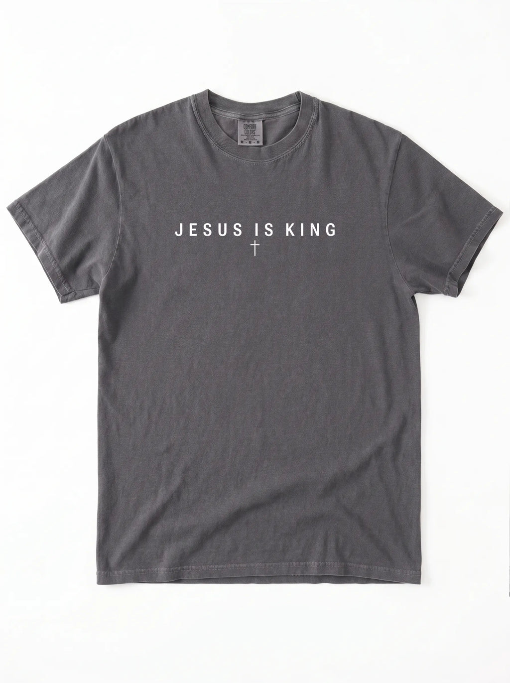 A dark gray crewneck t-shirt with the text 'JESUS IS KING' and a small cross printed on the chest, displayed flat against a white background.