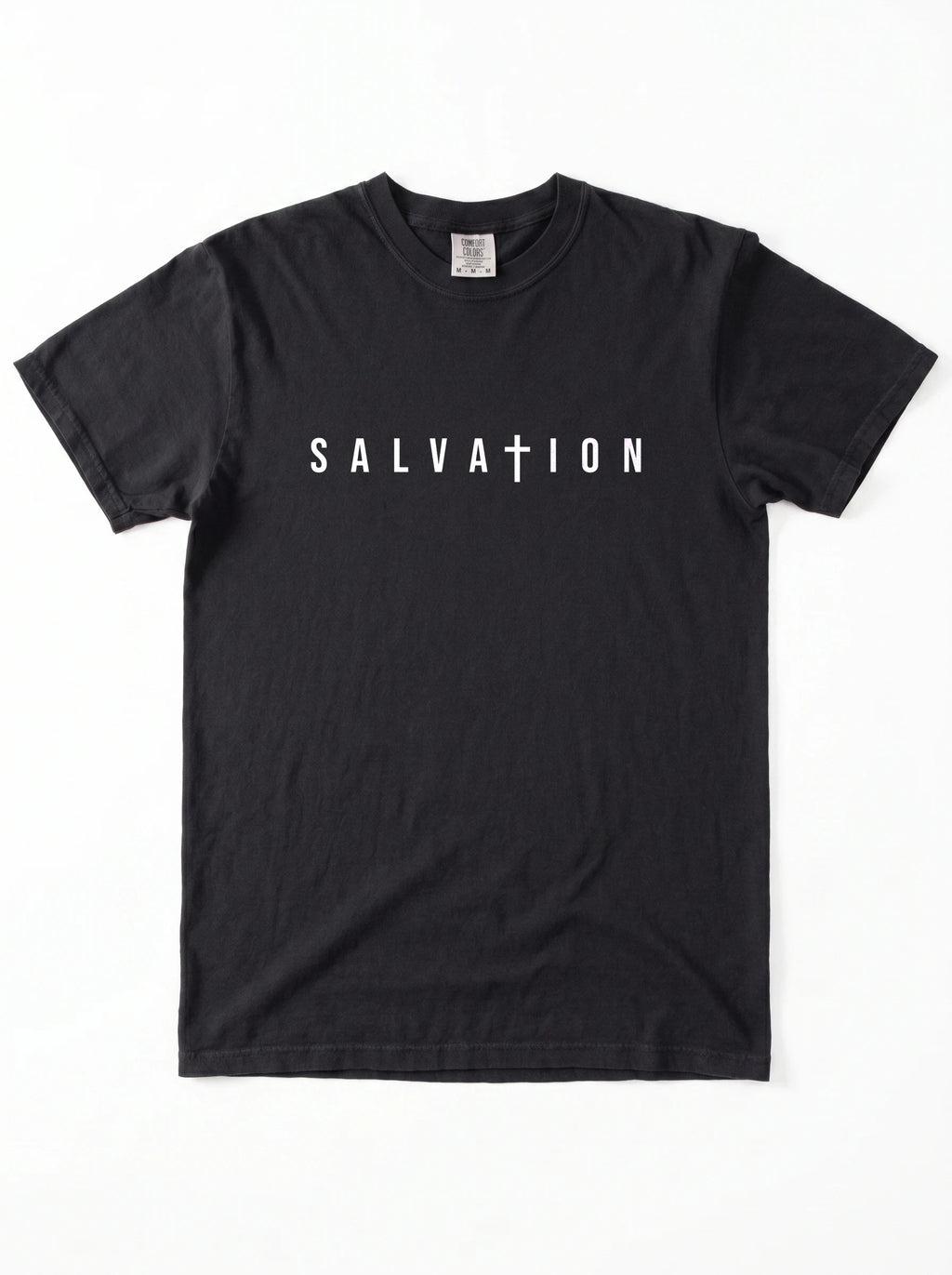 A black short-sleeve crewneck t-shirt with 'SALVATION' printed in white across the chest